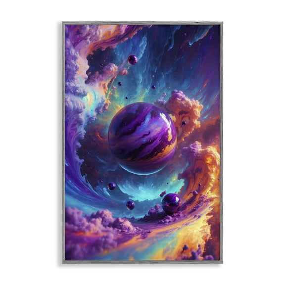 Stupell Industries Surreal Planets with Chromatic Clouds Outer Space Painting Gray Framed Art Print Wall Art, 12 x 18