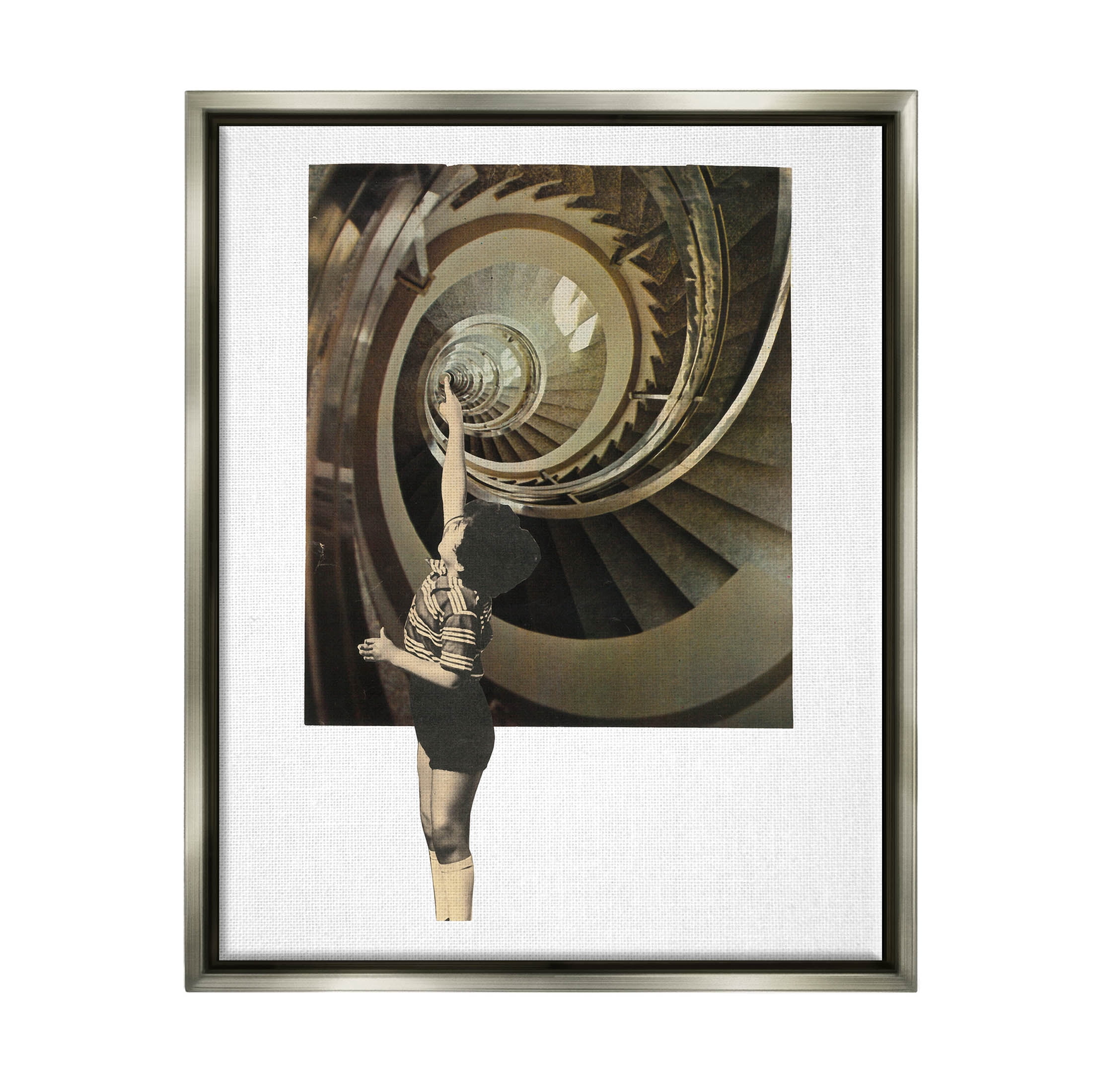 Stupell Industries Surreal Pointing Child Spiral Staircase Graphic Art Luster Gray Floating Framed Canvas Print Wall Art, Design by Matheus Lopes Castro