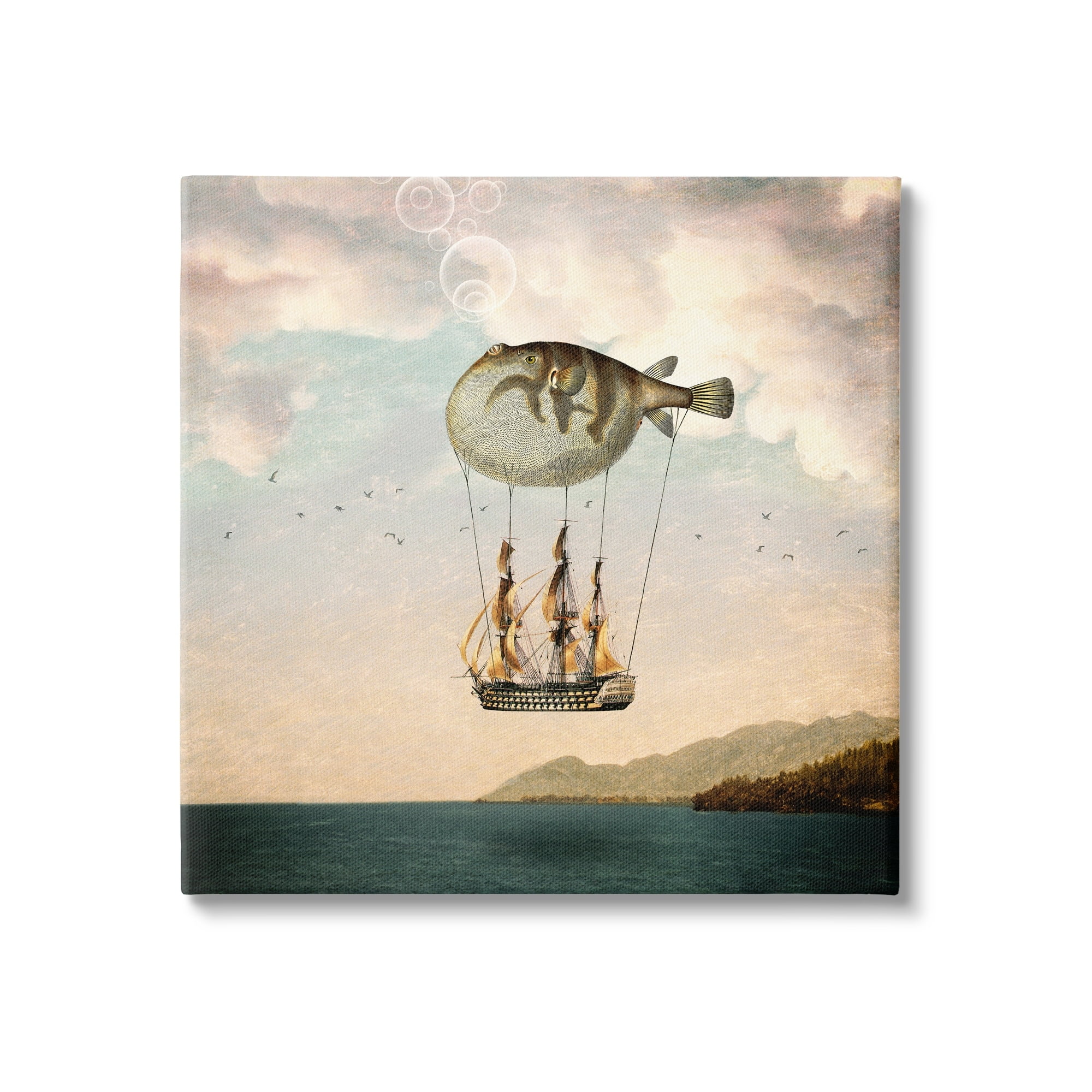 Stupell Industries Surreal Puffer Fish Hot Air Balloon Cloudy Lakeside Canvas Wall Art, 24 x 24, Design by Paula Belle Flores