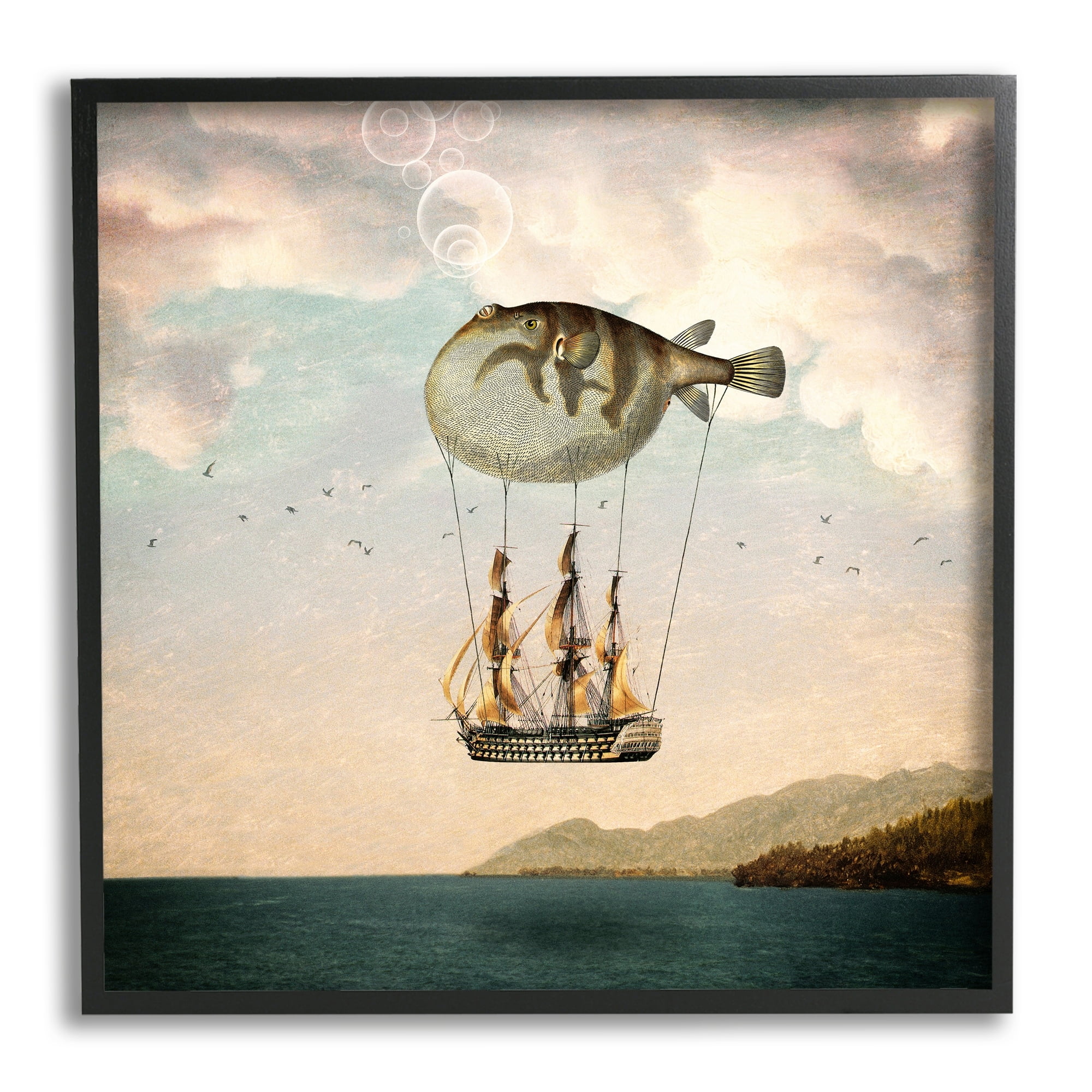 Stupell Industries Surreal Puffer Fish Hot Air Balloon Cloudy Lakeside Framed Wall Art, 17 x 30, Design by Paula Belle Flores