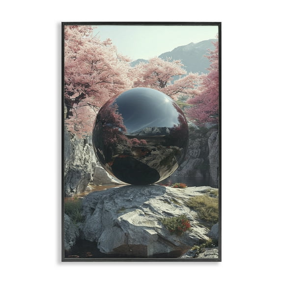 Stupell Industries Surreal Reflective Ball Landscape Painting Black Framed Art Print Wall Art, 12 x 18