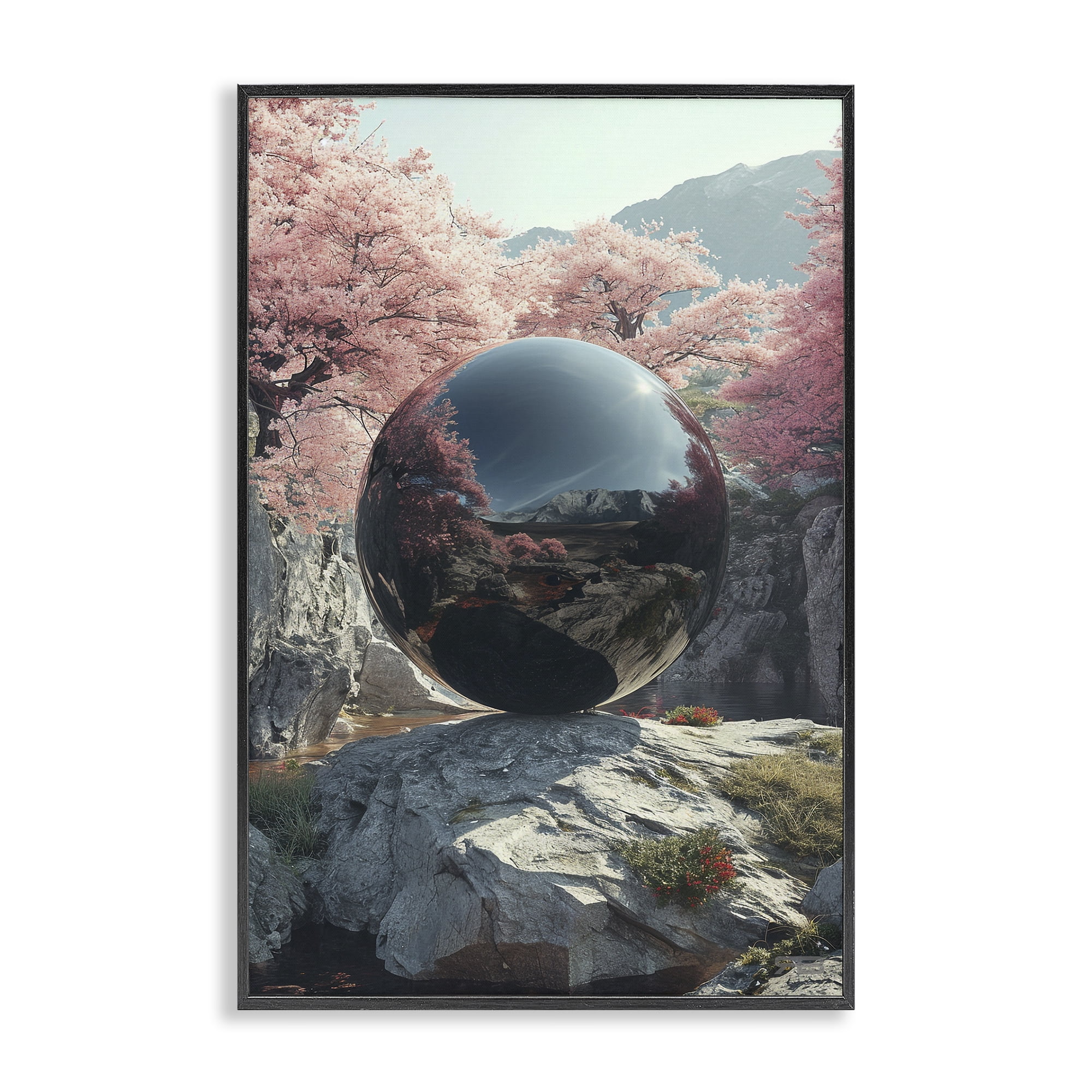 Stupell Industries Surreal Reflective Ball Landscape Painting Black Framed Art Print Wall Art, 16 x 24