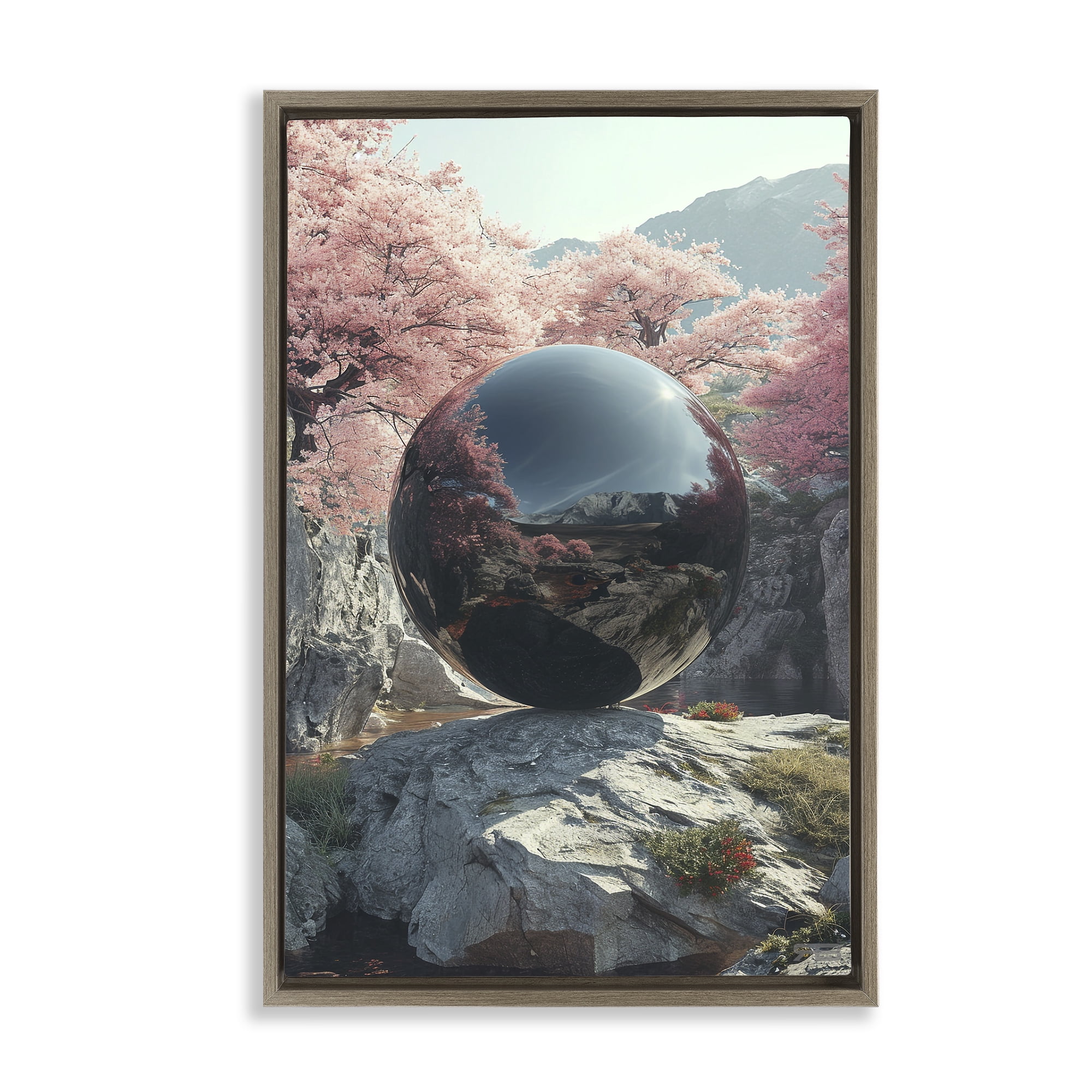 Stupell Industries Surreal Reflective Ball Landscape Painting Brown Floater Framed Art Print Wall Art, 17 x 25