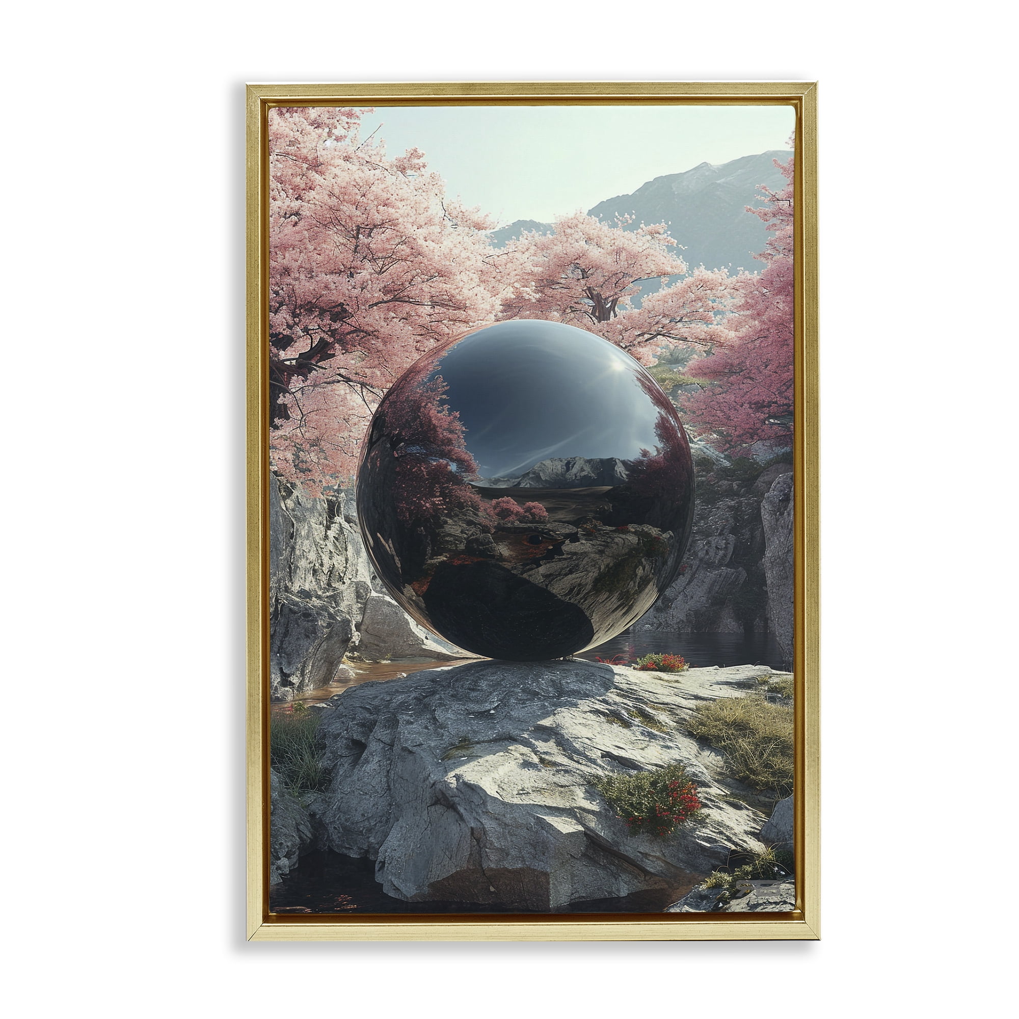 Stupell Industries Surreal Reflective Ball Landscape Painting Gold Floater Framed Art Print Wall Art, 17 x 25