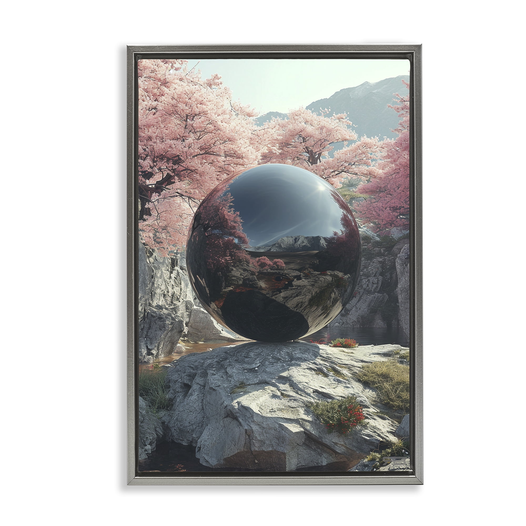 Stupell Industries Surreal Reflective Ball Landscape Painting Gray Floater Framed Art Print Wall Art, 21 x 31