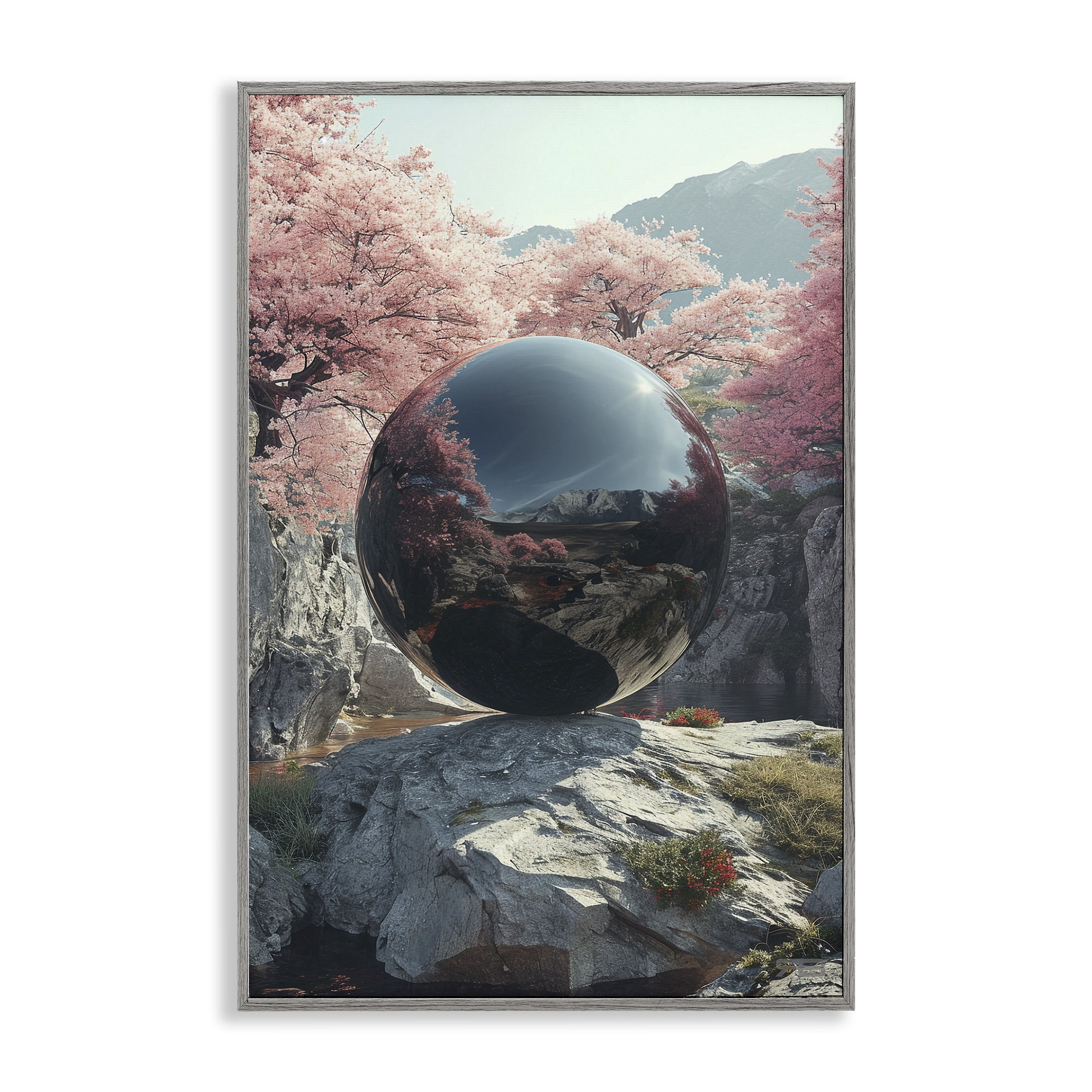 Stupell Industries Surreal Reflective Ball Landscape Painting Gray Framed Art Print Wall Art, 16 x 24