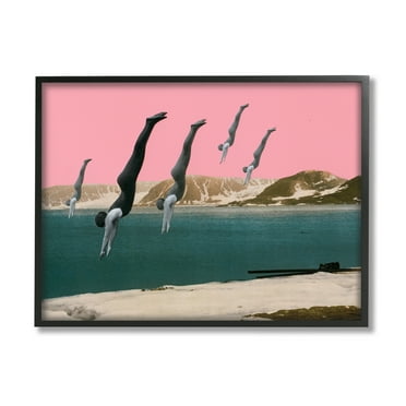 Stupell Industries Surreal Swimmers Diving Modern Pink Sunset Landscape Framed Wall Art, 20 x 16, Design by Cassia Beck