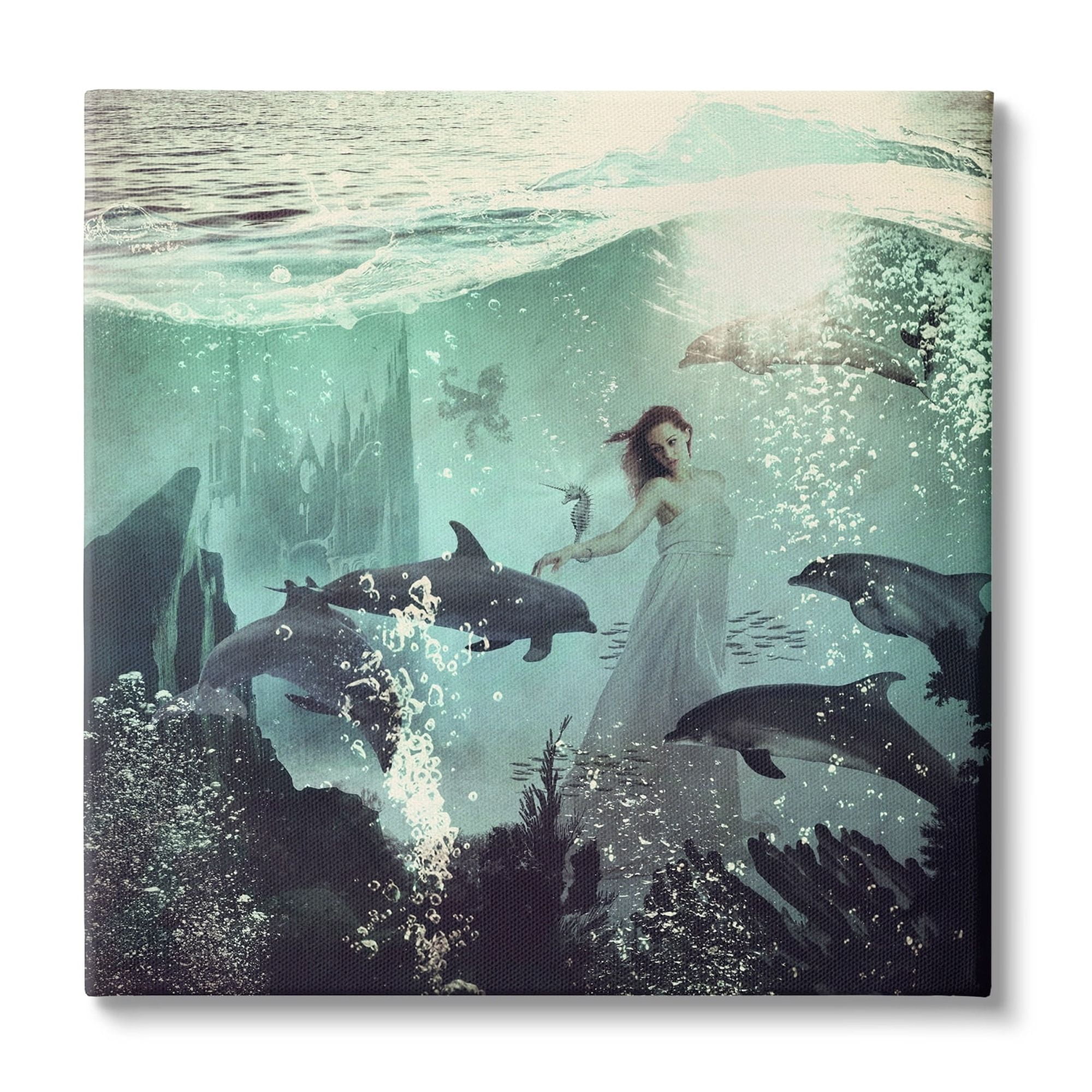 Stupell Industries Surreal Woman Underwater Dolphins Splashing Bubbles Canvas Wall Art, 17 x 17, Design by Paula Belle Flores