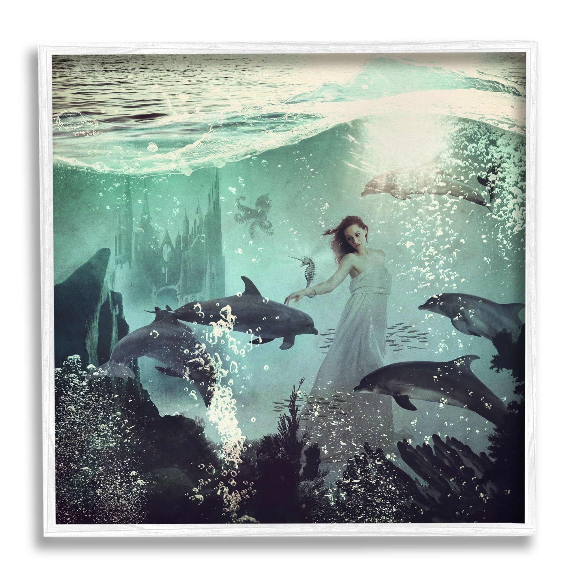 Stupell Industries Surreal Woman Underwater Dolphins Splashing Bubbles Framed Wall Art, 24 x 24, Design by Paula Belle Flores
