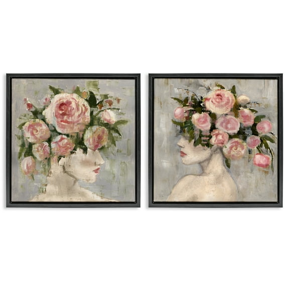 Stupell Industries Surreal Women with Roses People Painting Black Floater Framed Canvas Art Print Wall Art, 18 x 18, Set of 2