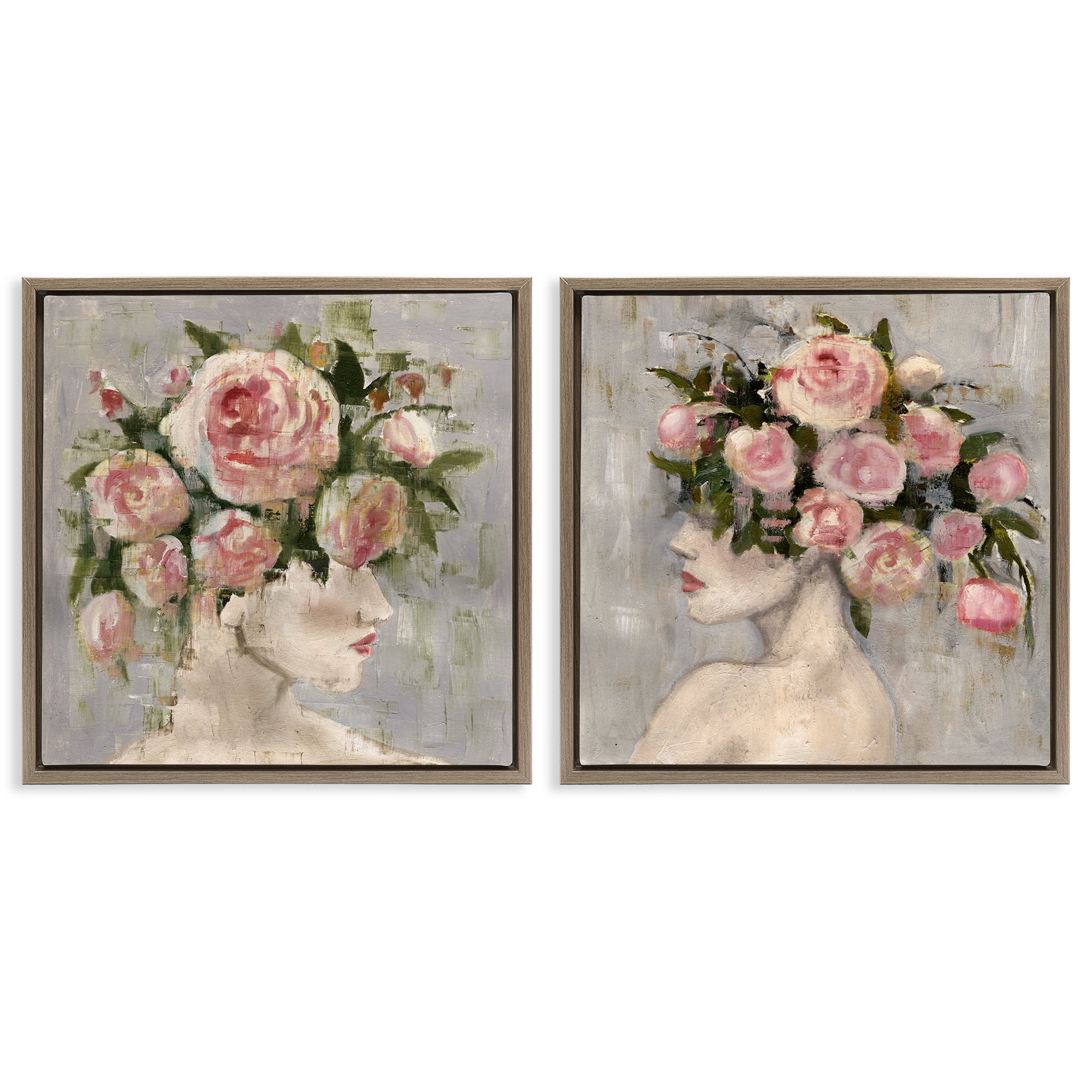 Stupell Industries Surreal Women with Roses People Painting Brown Floater Framed Canvas Art Print Wall Art, 18 x 18, Set of 2