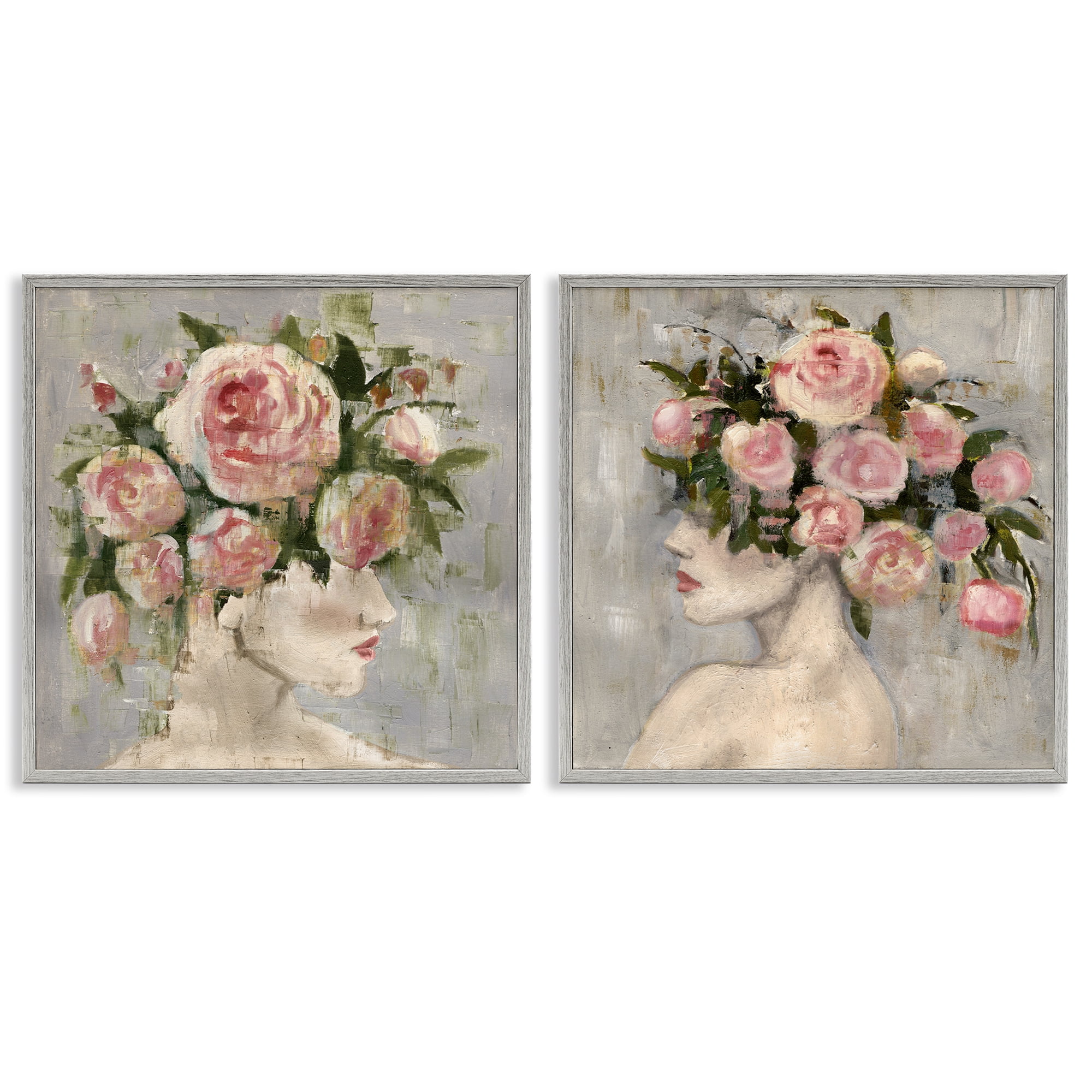 Stupell Industries Surreal Women with Roses People Painting Gray Framed Art Print Wall Art, 24 x 24, Set of 2