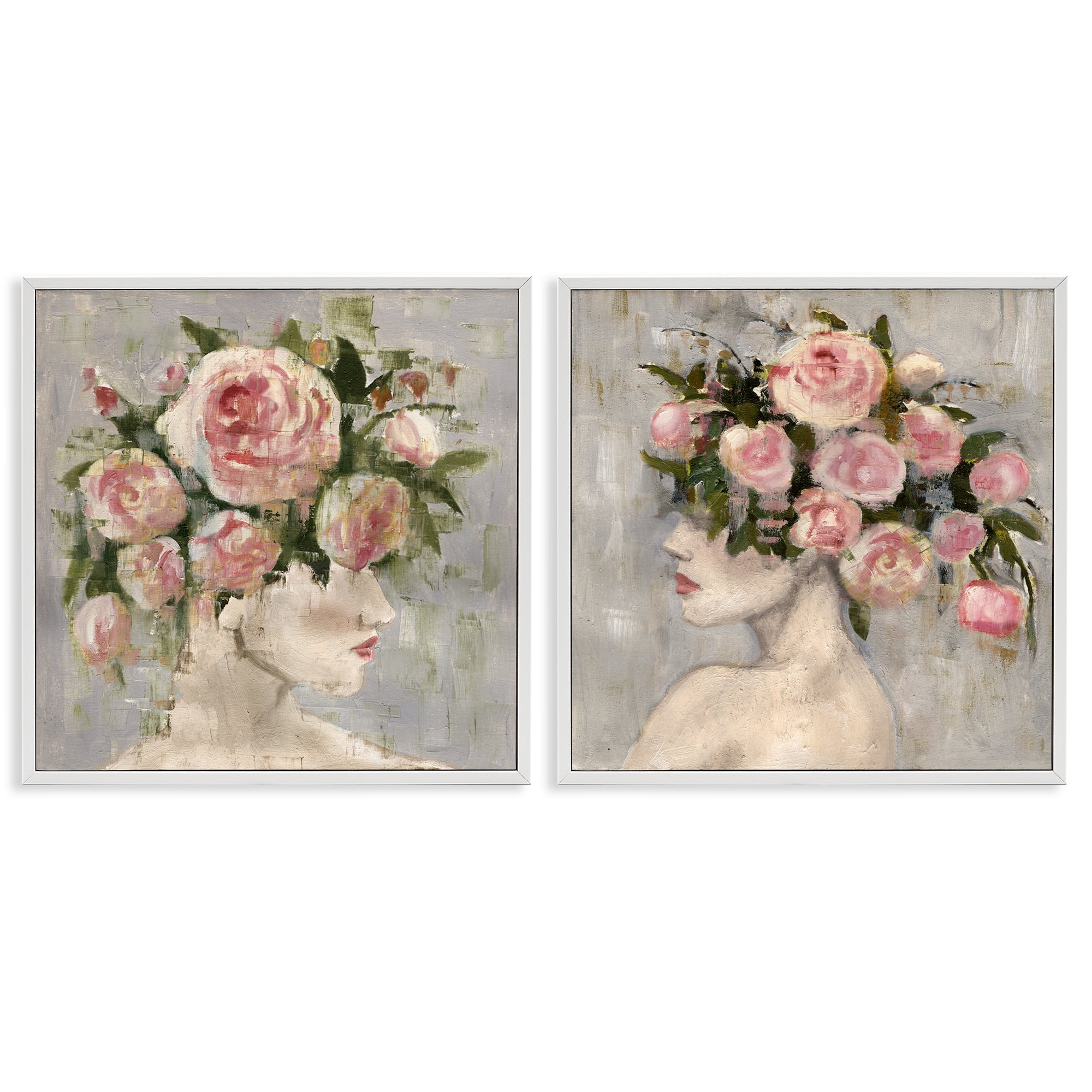 Stupell Industries Surreal Women with Roses People Painting White Framed Art Print Wall Art, 24 x 24, Set of 2