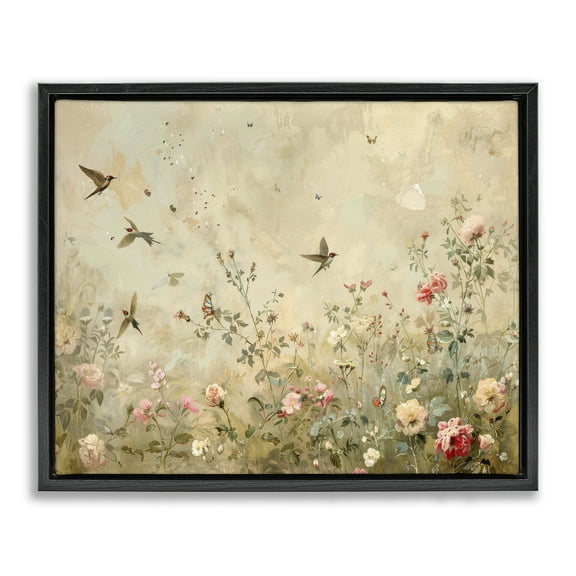 Stupell Industries Swallows in Flower Meadow Plants & Flowers Painting Black Floater Framed Canvas Art Print Wall Art, 21 x 17