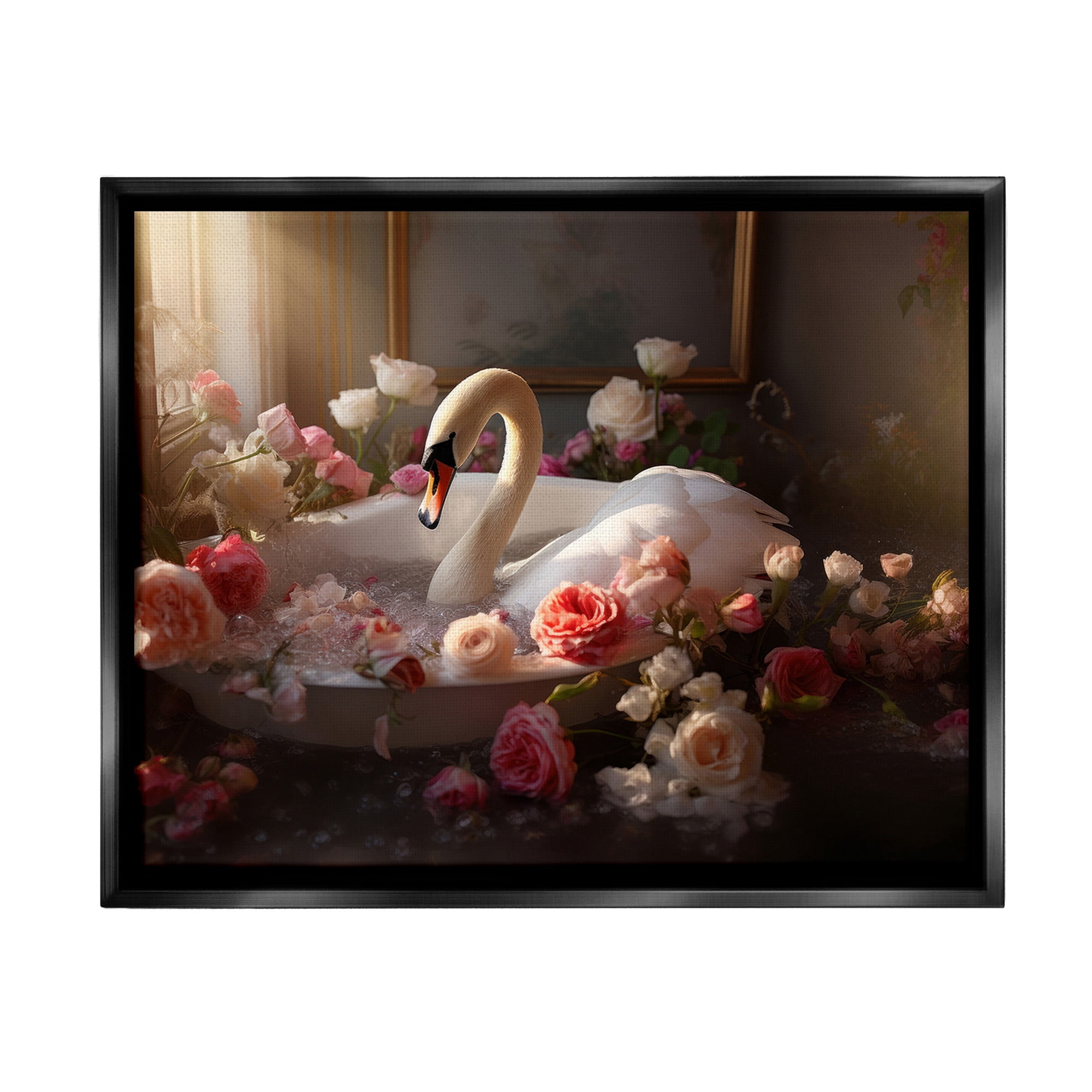 Stupell Industries Swan & Bathroom Roses Animals & Insects Painting Black Floater Framed Canvas Art Print Wall Art, 21 x 17
