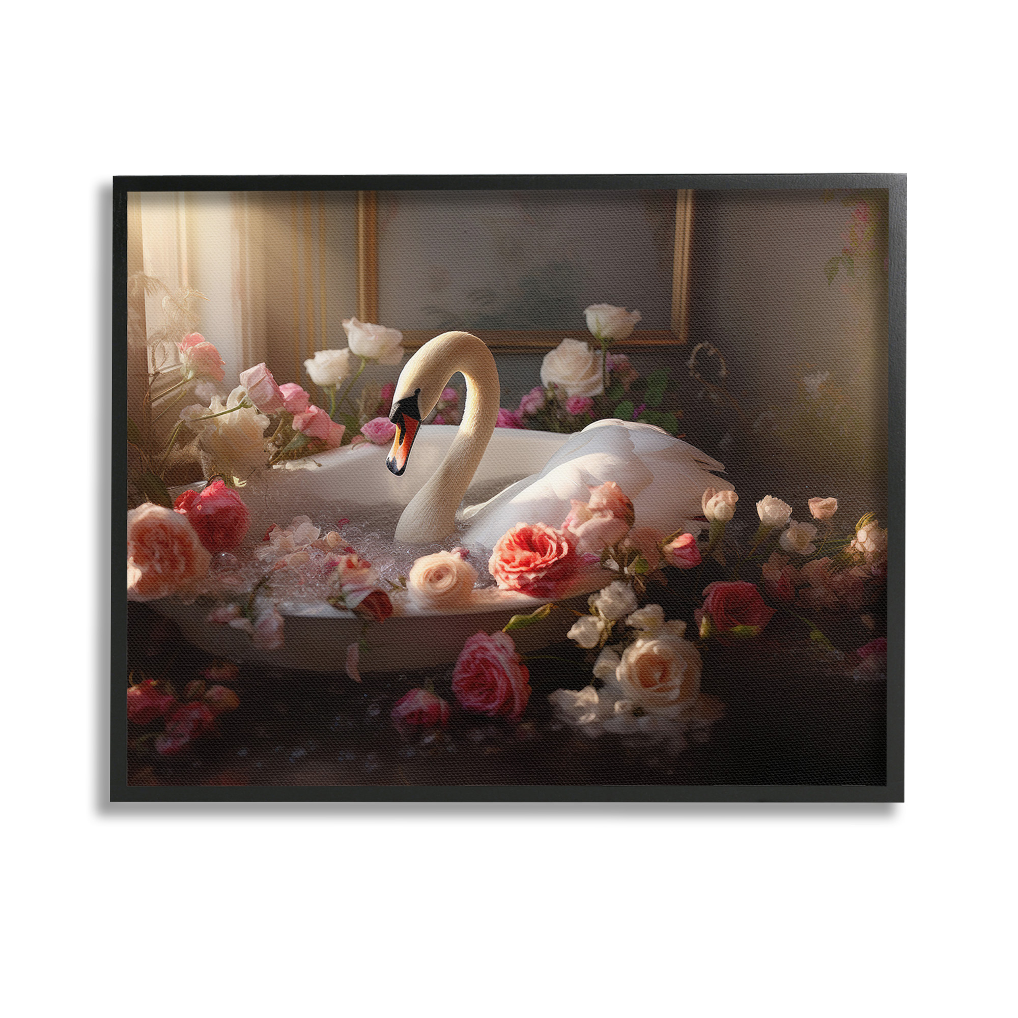 Stupell Industries Swan & Bathroom Roses Animals & Insects Painting Black Framed Art Print Wall Art, 14 x 11