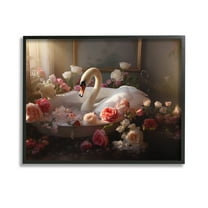 Stupell Industries Swan & Bathroom Roses Animals & Insects Painting Black Framed Art Print Wall Art, 14 x 11