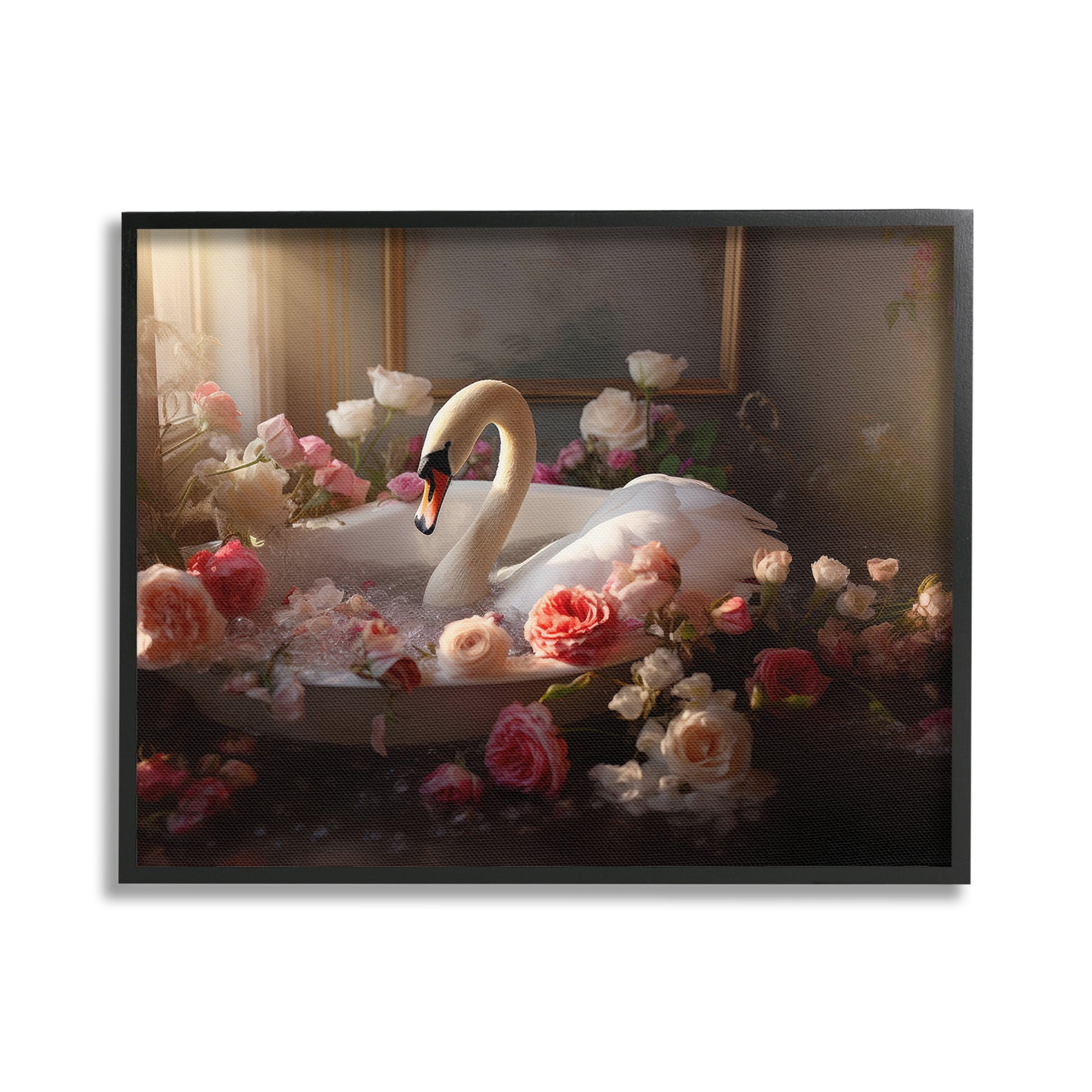 Stupell Industries Swan & Bathroom Roses Animals & Insects Painting Black Framed Art Print Wall Art, 30 x 24