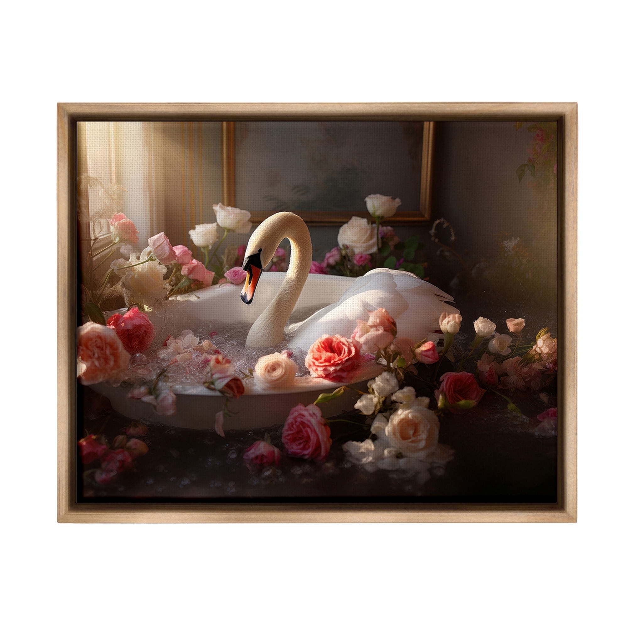 Stupell Industries Swan & Bathroom Roses Animals & Insects Painting Brown Floater Framed Canvas Art Print Wall Art, 31 x 25