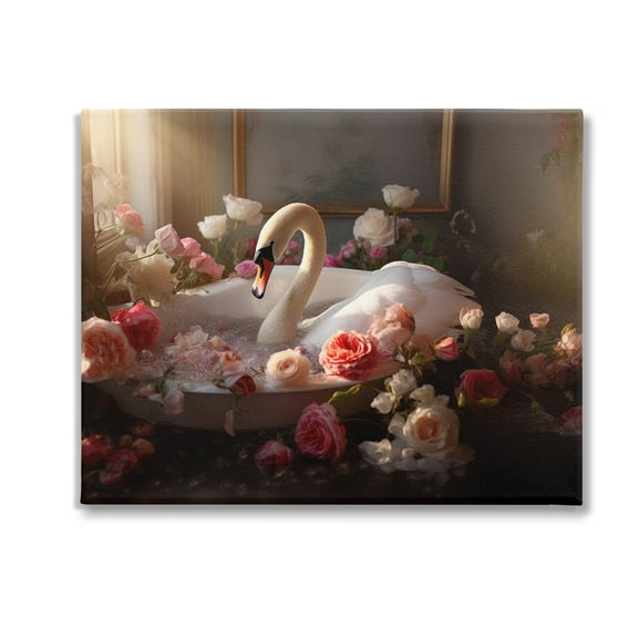 Stupell Industries Swan & Bathroom Roses Animals & Insects Painting Gallery Wrapped Canvas Art Print Wall Art, 20 x 16