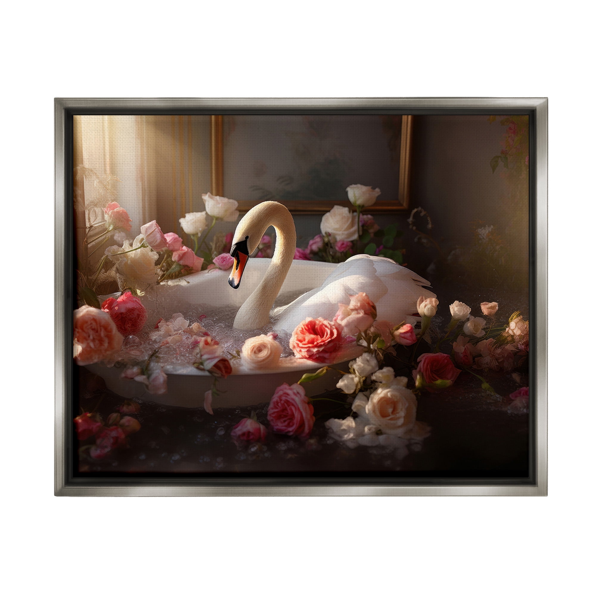 Stupell Industries Swan & Bathroom Roses Animals & Insects Painting Gray Floater Framed Canvas Art Print Wall Art, 31 x 25