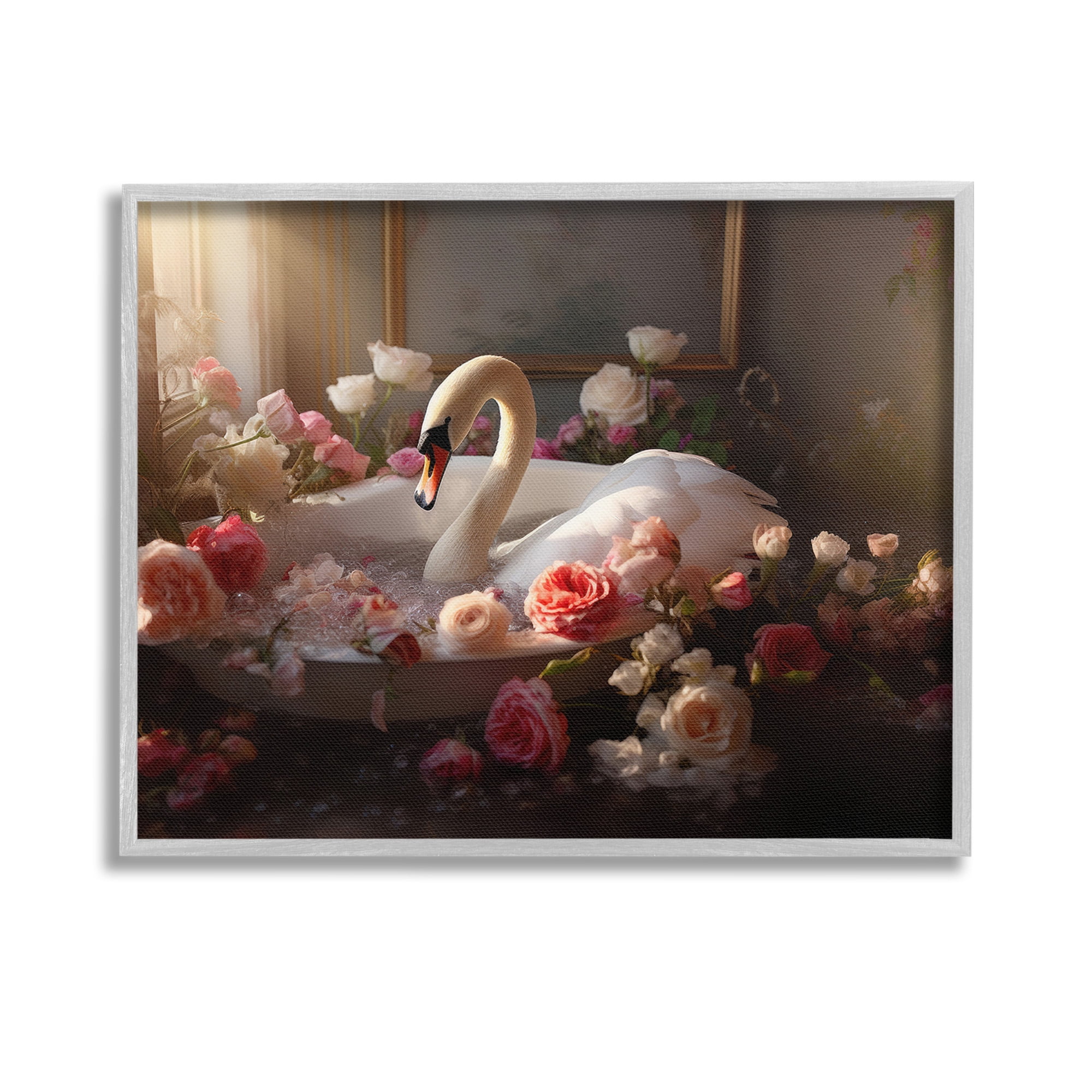 Stupell Industries Swan & Bathroom Roses Animals & Insects Painting Gray Framed Art Print Wall Art, 14 x 11