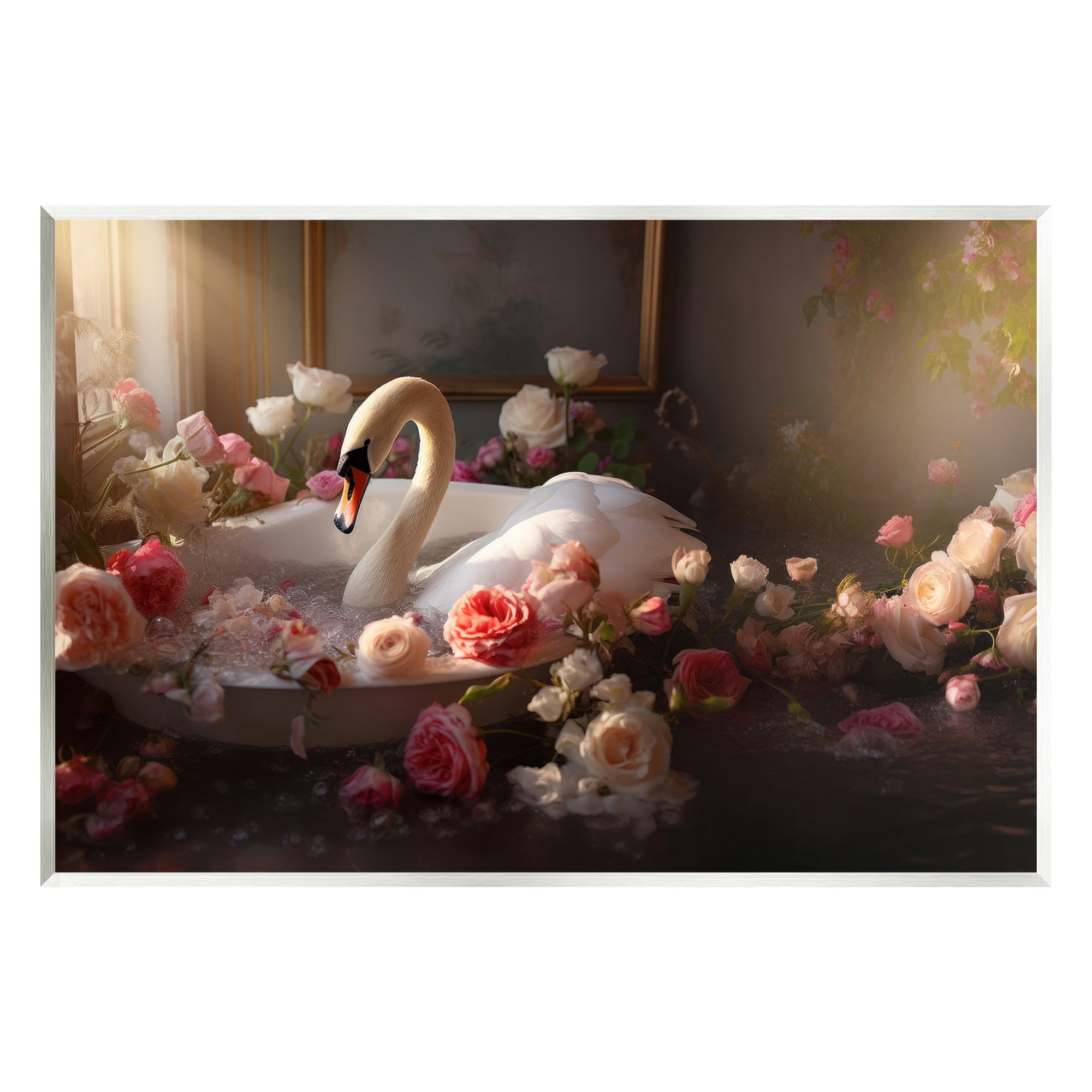 Stupell Industries Swan & Bathroom Roses Animals & Insects Painting Unframed Art Print Wall Art, 15 x 10