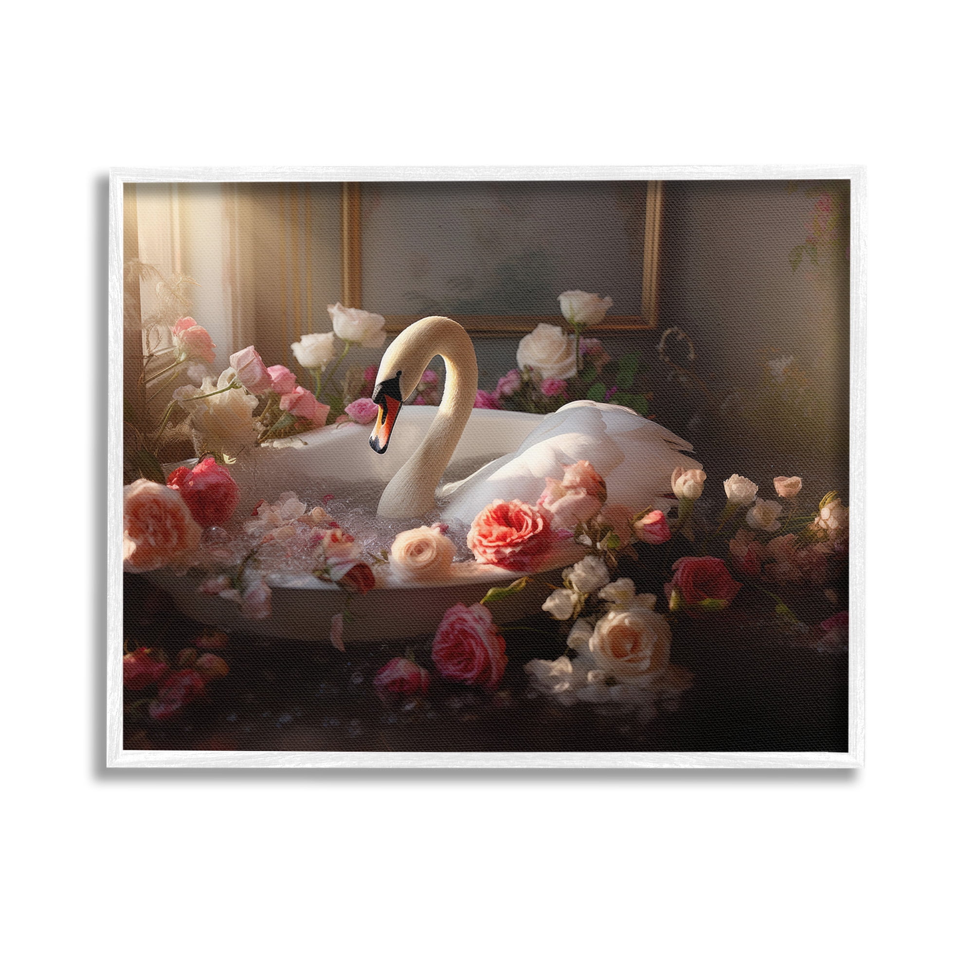 Stupell Industries Swan & Bathroom Roses Animals & Insects Painting White Framed Art Print Wall Art, 14 x 11
