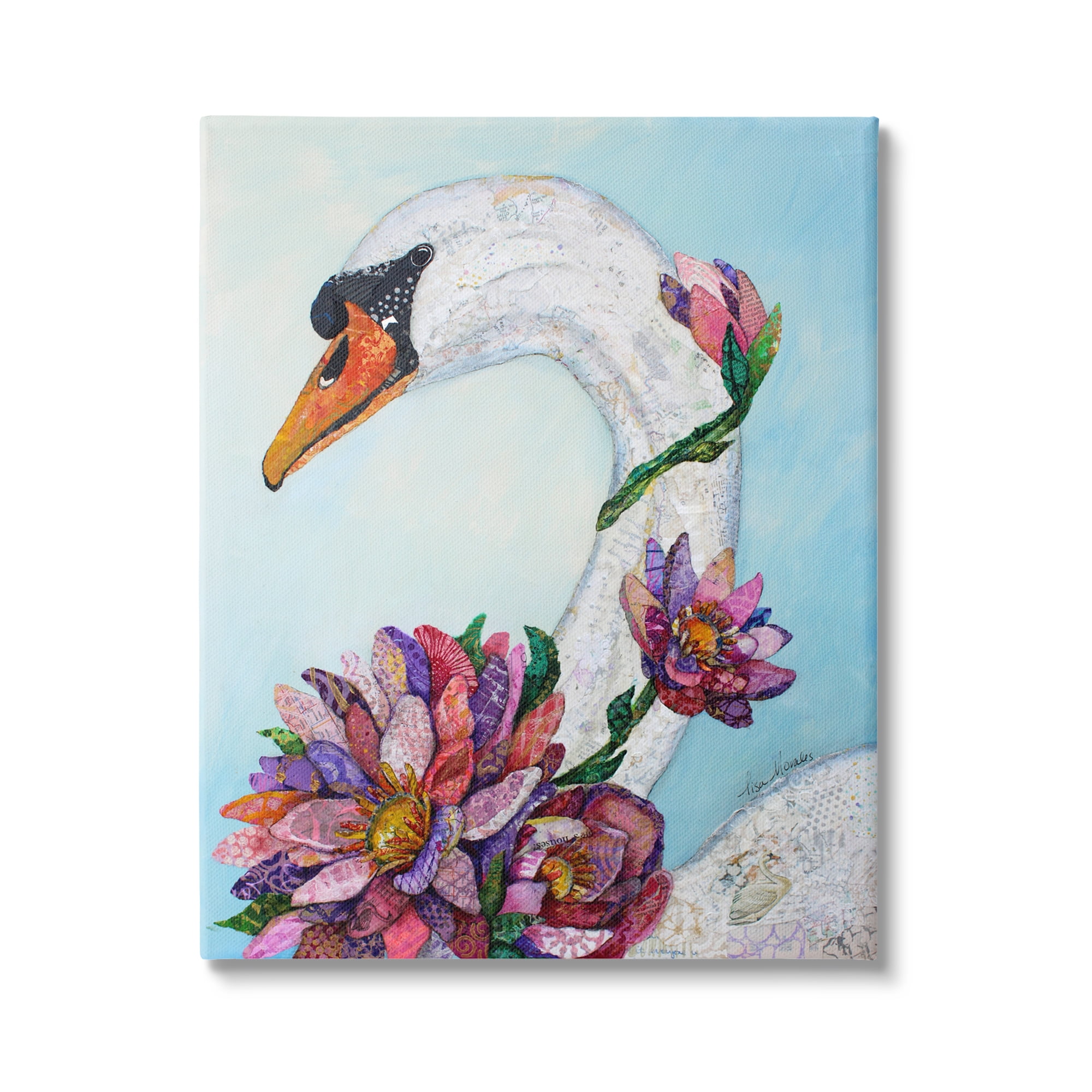 Stupell Industries Swan Bird Vivid Lotus Flower Blossoms Collage Painting Gallery Wrapped Canvas Print Wall Art, Design by Lisa Morales