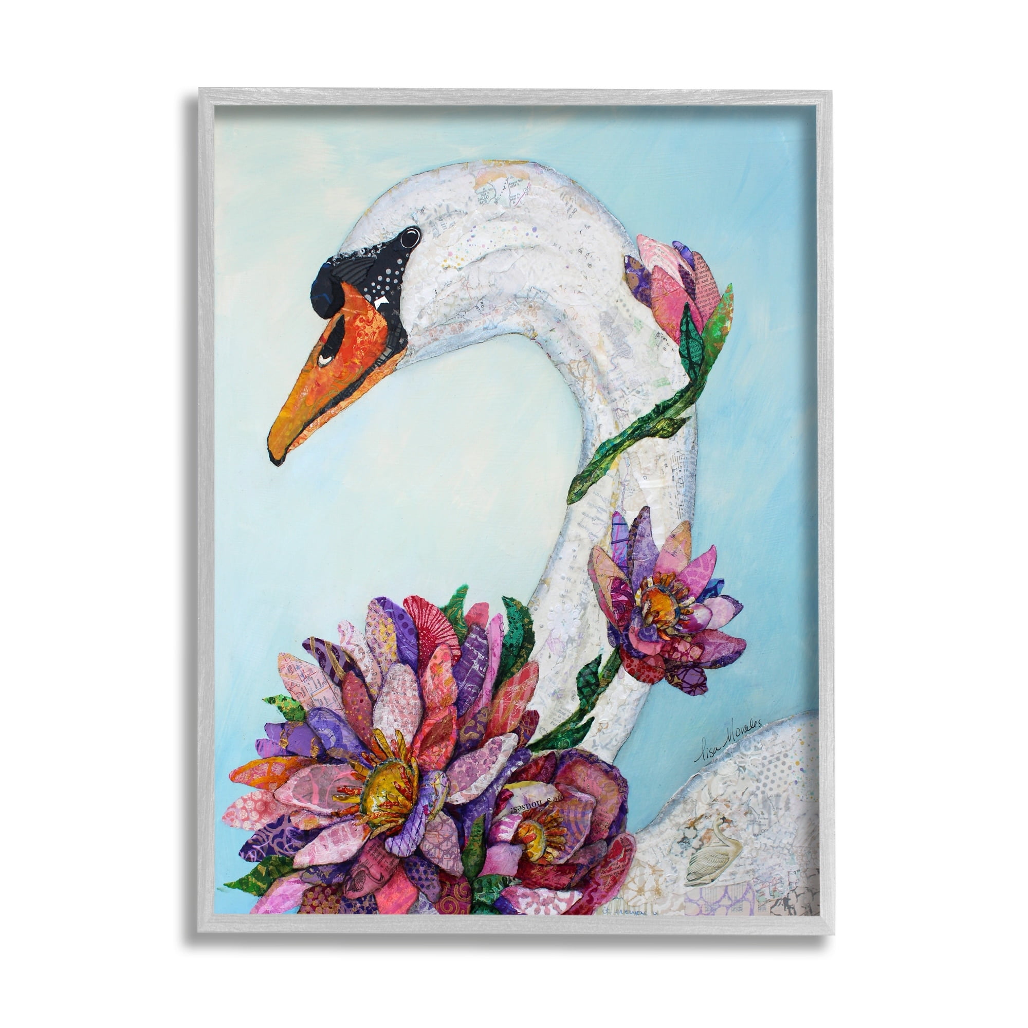 Stupell Industries Swan Bird Vivid Lotus Flower Blossoms Collage Painting Gray Framed Art Print Wall Art, Design by Lisa Morales