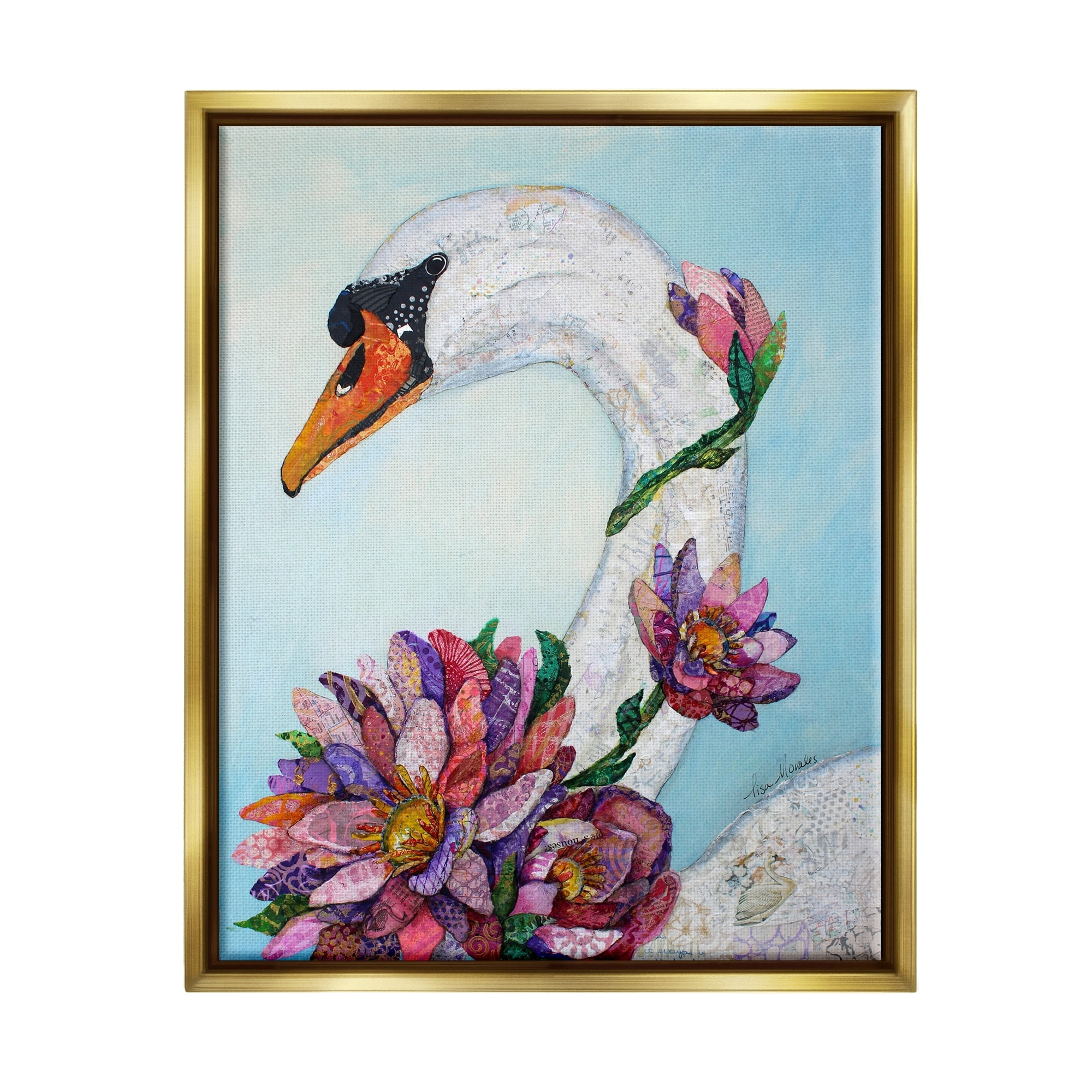 Stupell Industries Swan Bird Vivid Lotus Flower Blossoms Collage Painting Metallic Gold Floating Framed Canvas Print Wall Art, Design by Lisa Morales
