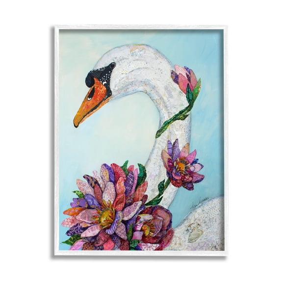 Stupell Industries Swan Bird Vivid Lotus Flower Blossoms Collage Painting White Framed Art Print Wall Art, Design by Lisa Morales