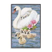 Stupell Industries Swan Family & Lotus Flowers Animals Painting Black Framed Art Print Wall Art, 12 x 18