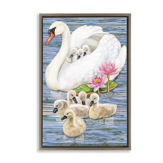 Stupell Industries Swan Family & Lotus Flowers Animals Painting Brown Floater Framed Canvas Art Print Wall Art, 21 x 31