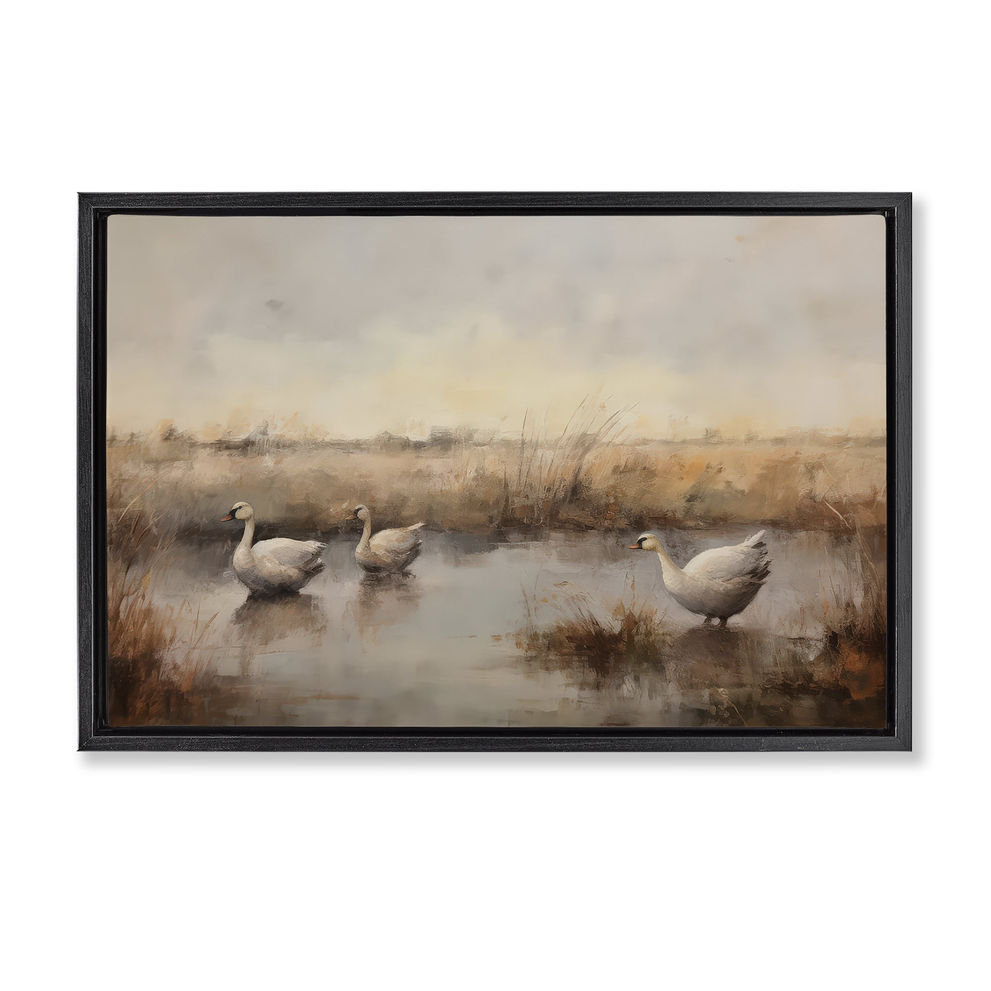 Stupell Industries Swan Family Rural Pond Landscape & Nature Painting Black Floater Framed Canvas Art Print Wall Art, 25 x 17