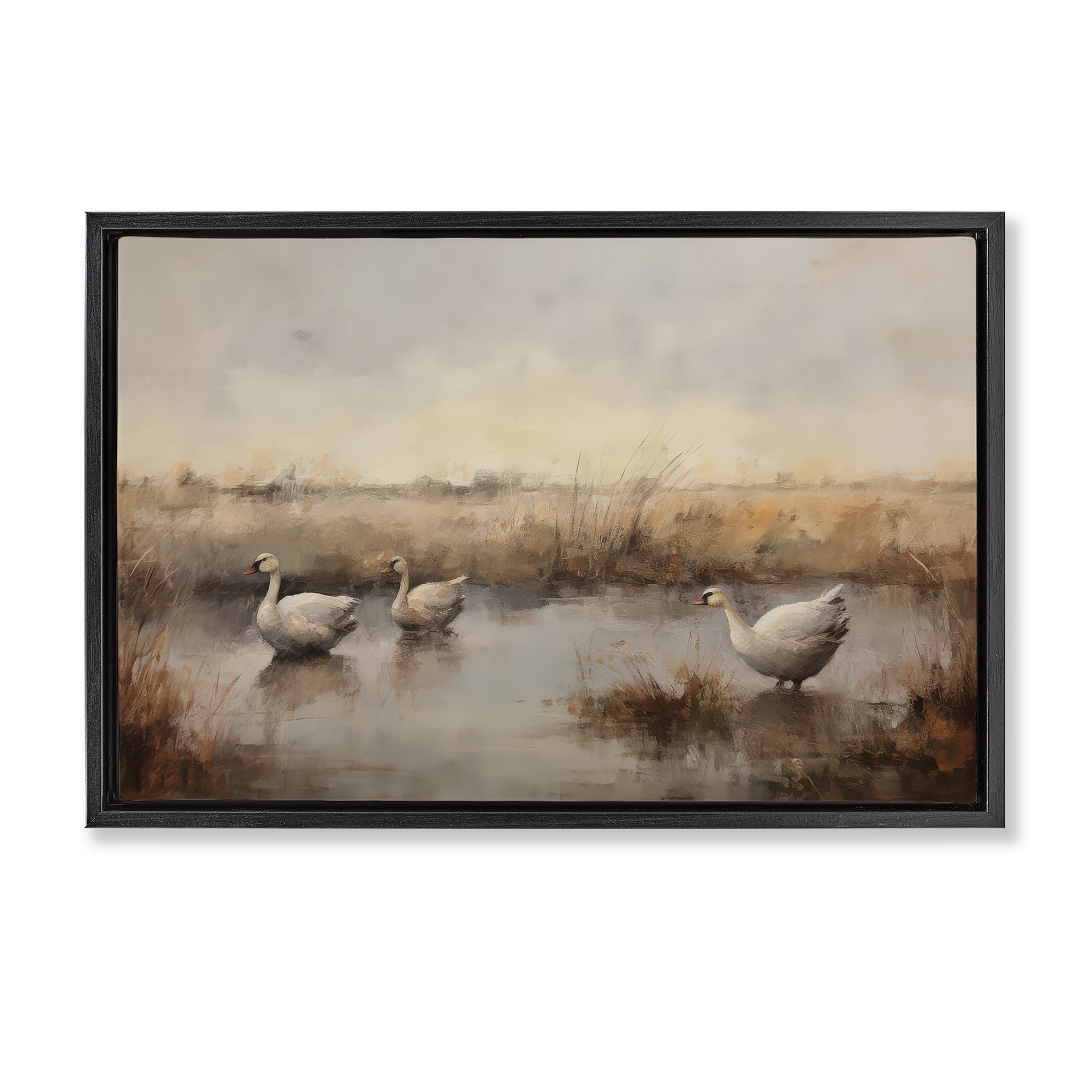 Stupell Industries Swan Family Rural Pond Landscape & Nature Painting Black Floater Framed Canvas Art Print Wall Art, 31 x 21