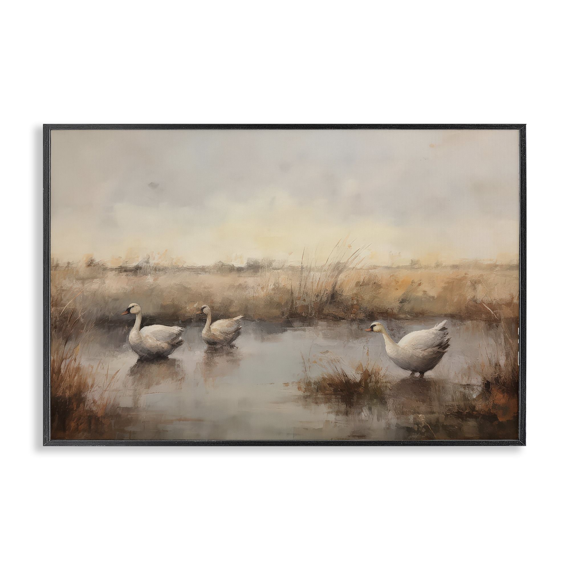 Stupell Industries Swan Family Rural Pond Landscape & Nature Painting Black Framed Art Print Wall Art, 24 x 16