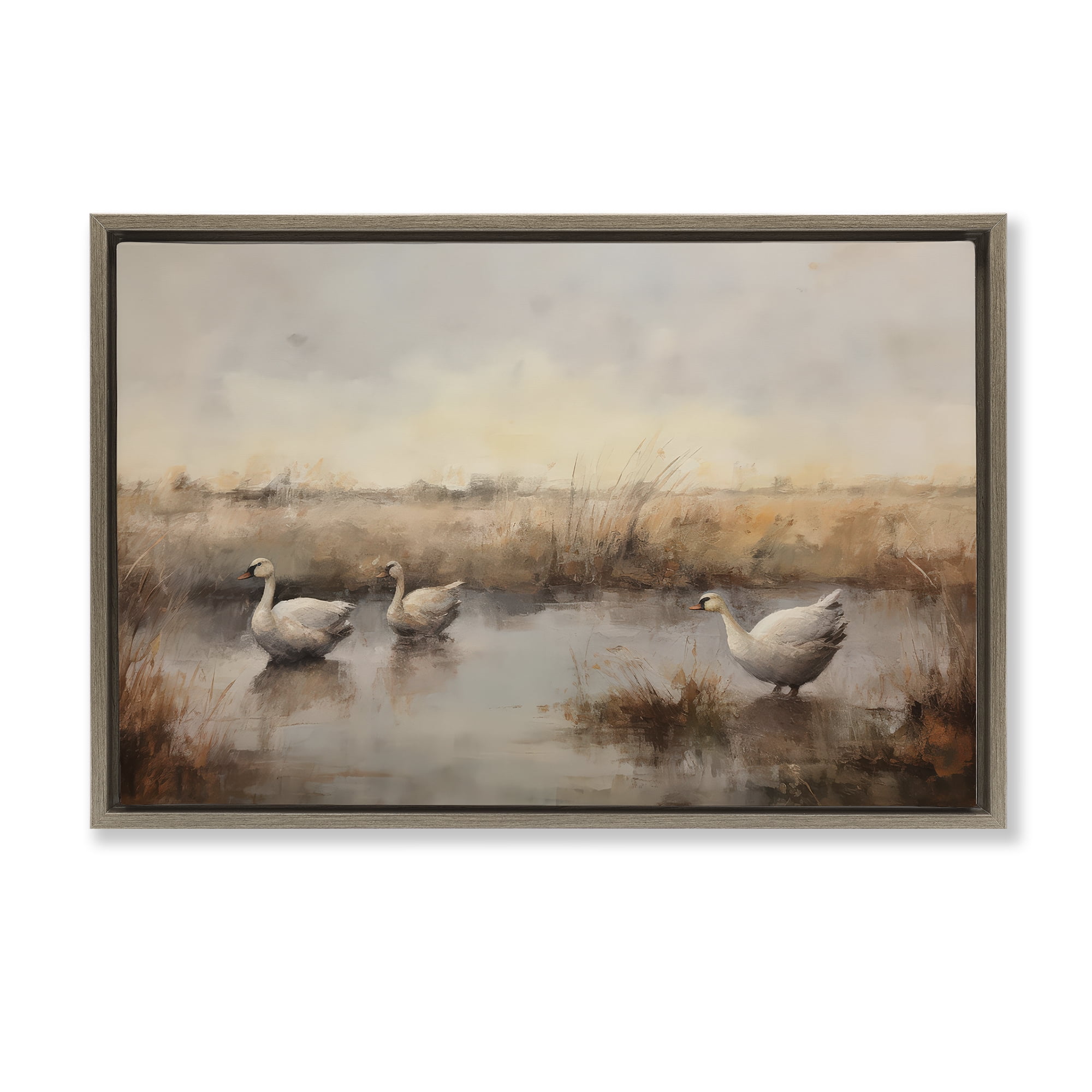 Stupell Industries Swan Family Rural Pond Landscape & Nature Painting Brown Floater Framed Canvas Art Print Wall Art, 25 x 17
