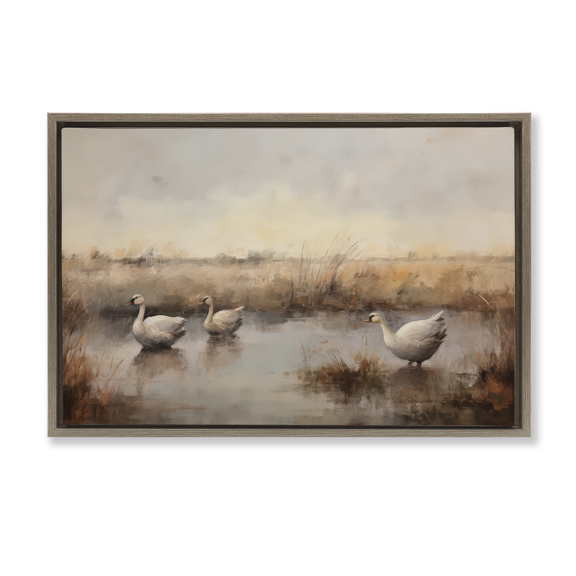 Stupell Industries Swan Family Rural Pond Landscape & Nature Painting Brown Floater Framed Canvas Art Print Wall Art, 31 x 21