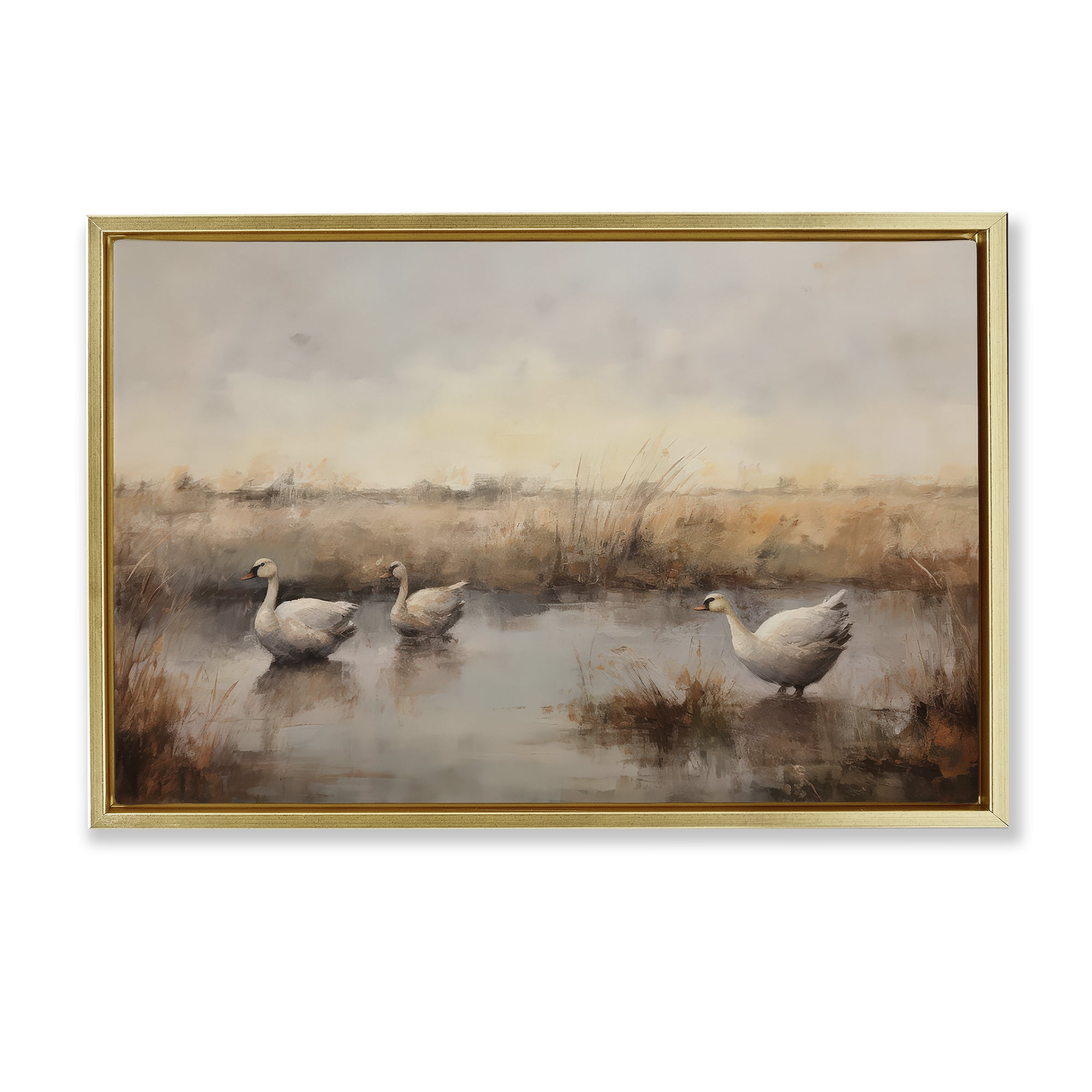 Stupell Industries Swan Family Rural Pond Landscape & Nature Painting Gold Floater Framed Canvas Art Print Wall Art, 25 x 17