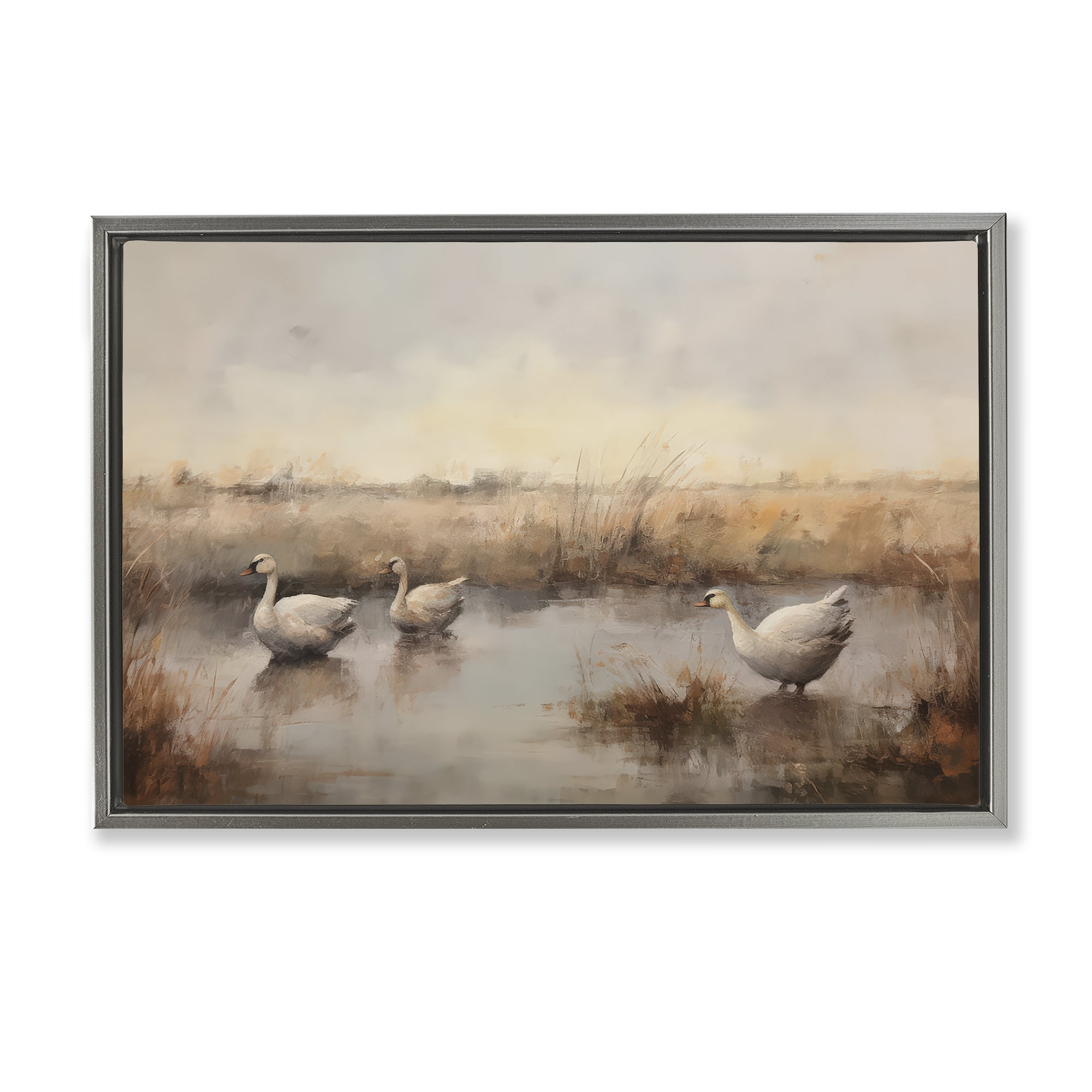 Stupell Industries Swan Family Rural Pond Landscape & Nature Painting Gray Floater Framed Canvas Art Print Wall Art, 25 x 17