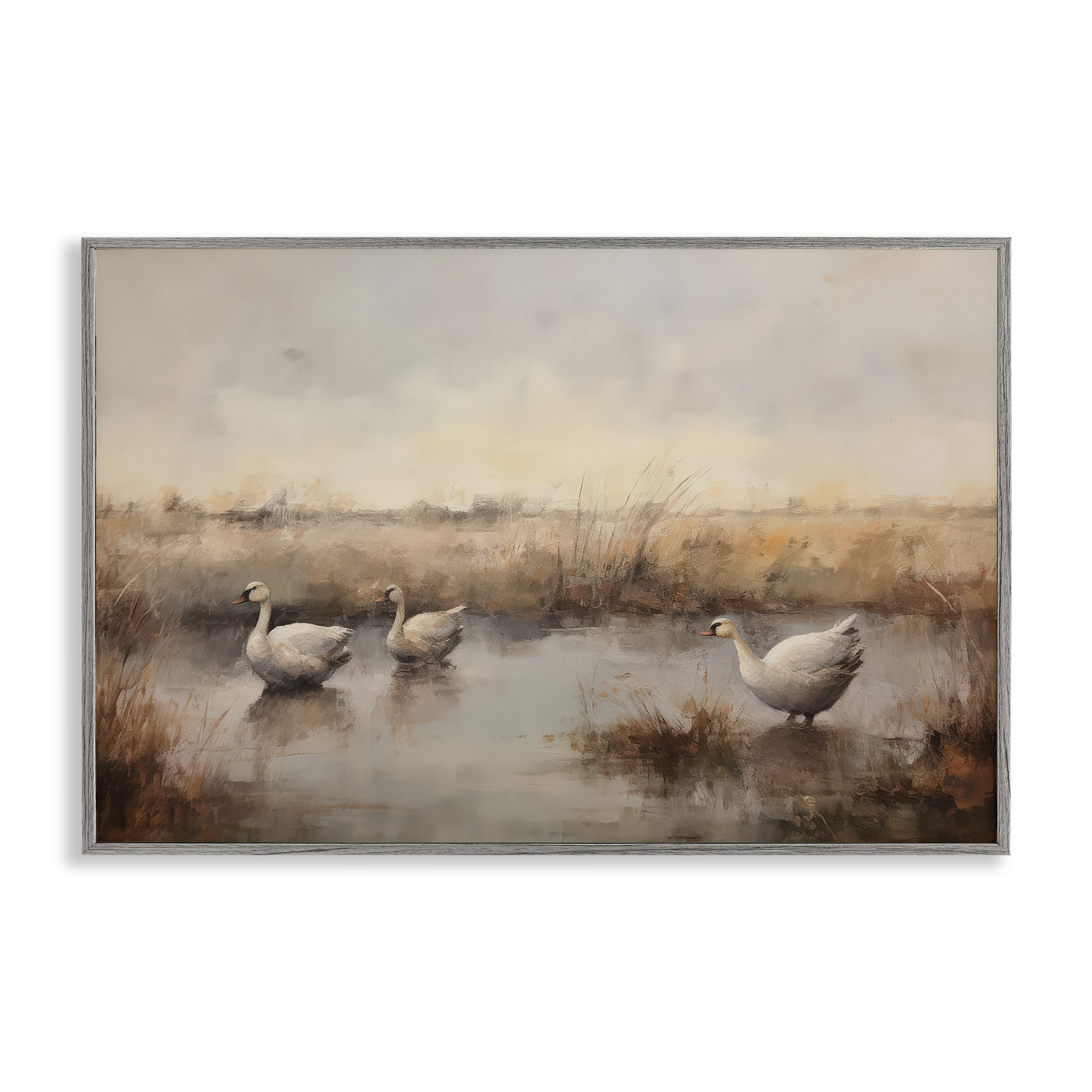 Stupell Industries Swan Family Rural Pond Landscape & Nature Painting Gray Framed Art Print Wall Art, 24 x 16