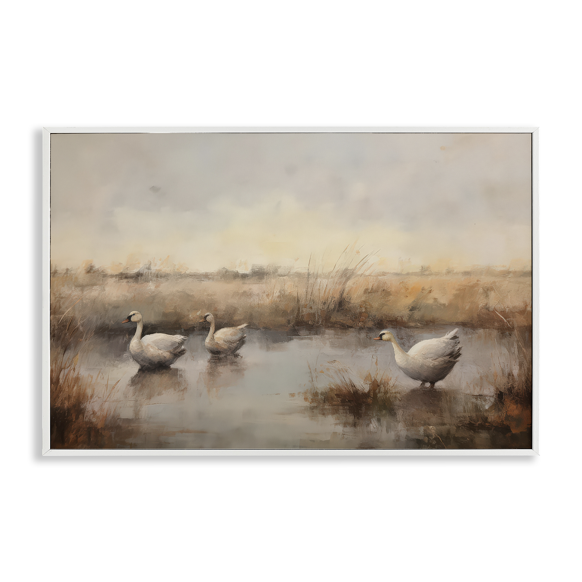 Stupell Industries Swan Family Rural Pond Landscape & Nature Painting White Framed Art Print Wall Art, 24 x 16