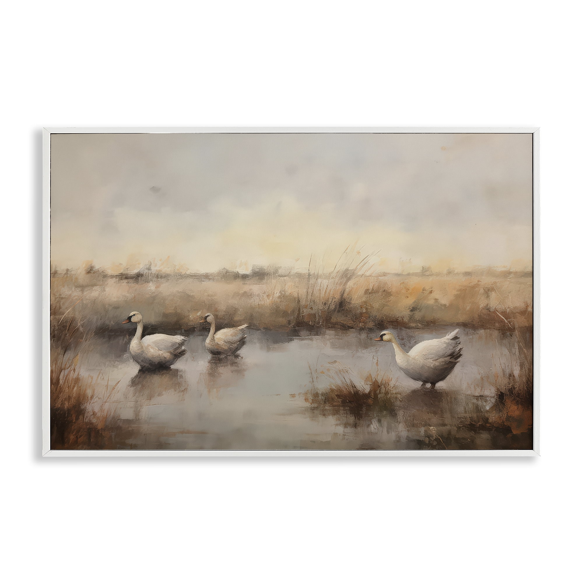 Stupell Industries Swan Family Rural Pond Landscape & Nature Painting White Framed Art Print Wall Art, 30 x 20