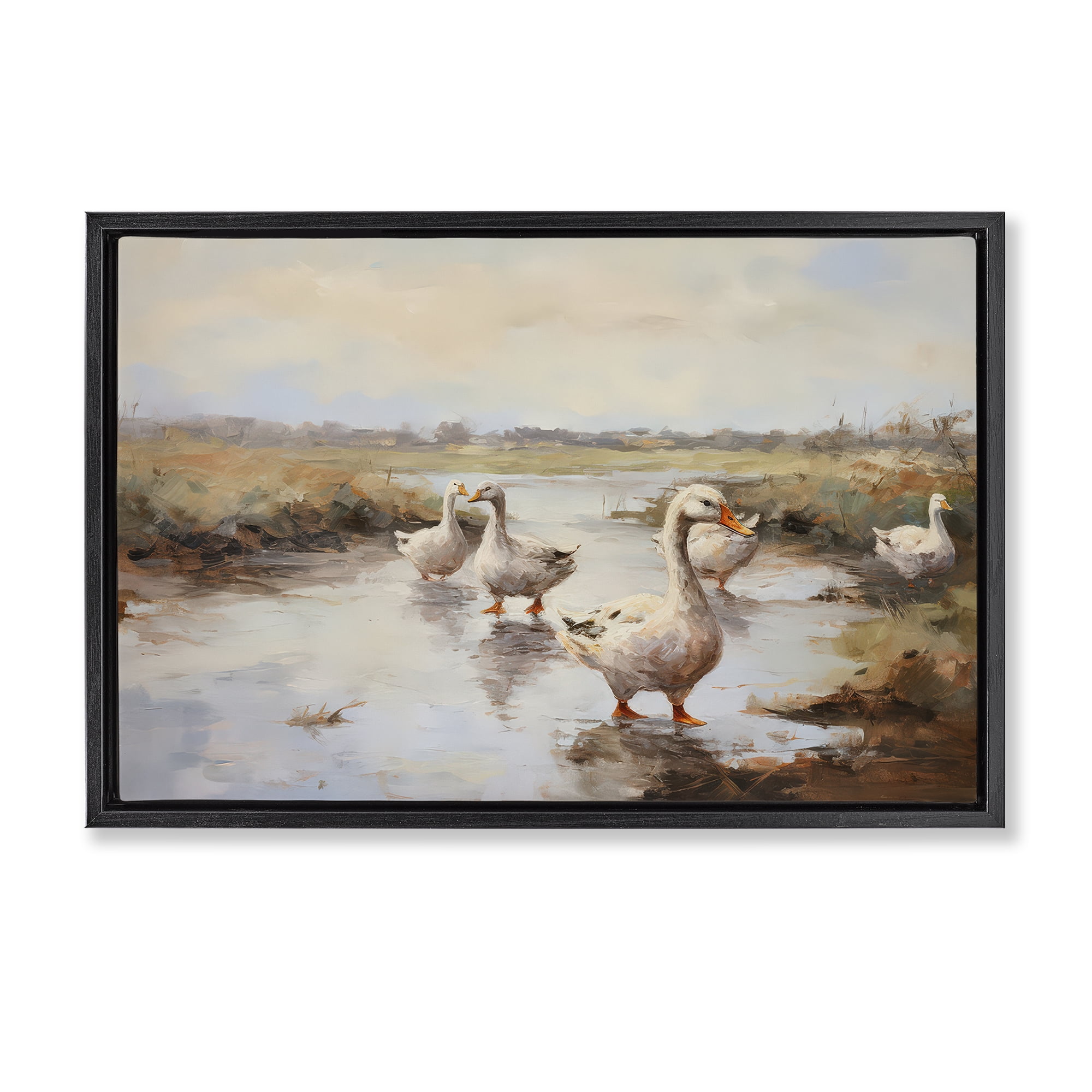 Stupell Industries Swan Family Traditional Pond Landscape & Nature Painting Black Floater Framed Canvas Art Print Wall Art, 31 x 21
