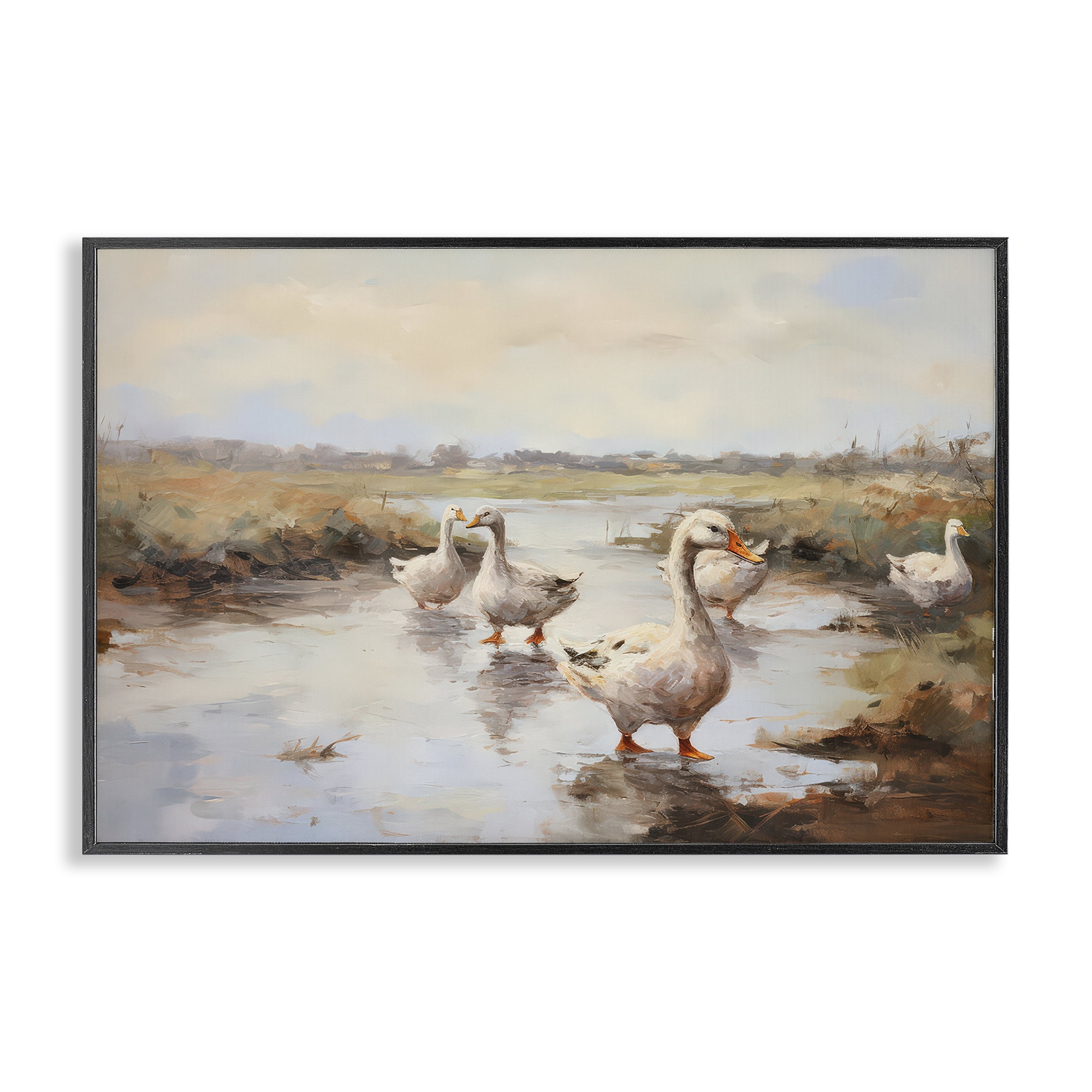 Stupell Industries Swan Family Traditional Pond Landscape & Nature Painting Black Framed Art Print Wall Art, 30 x 20