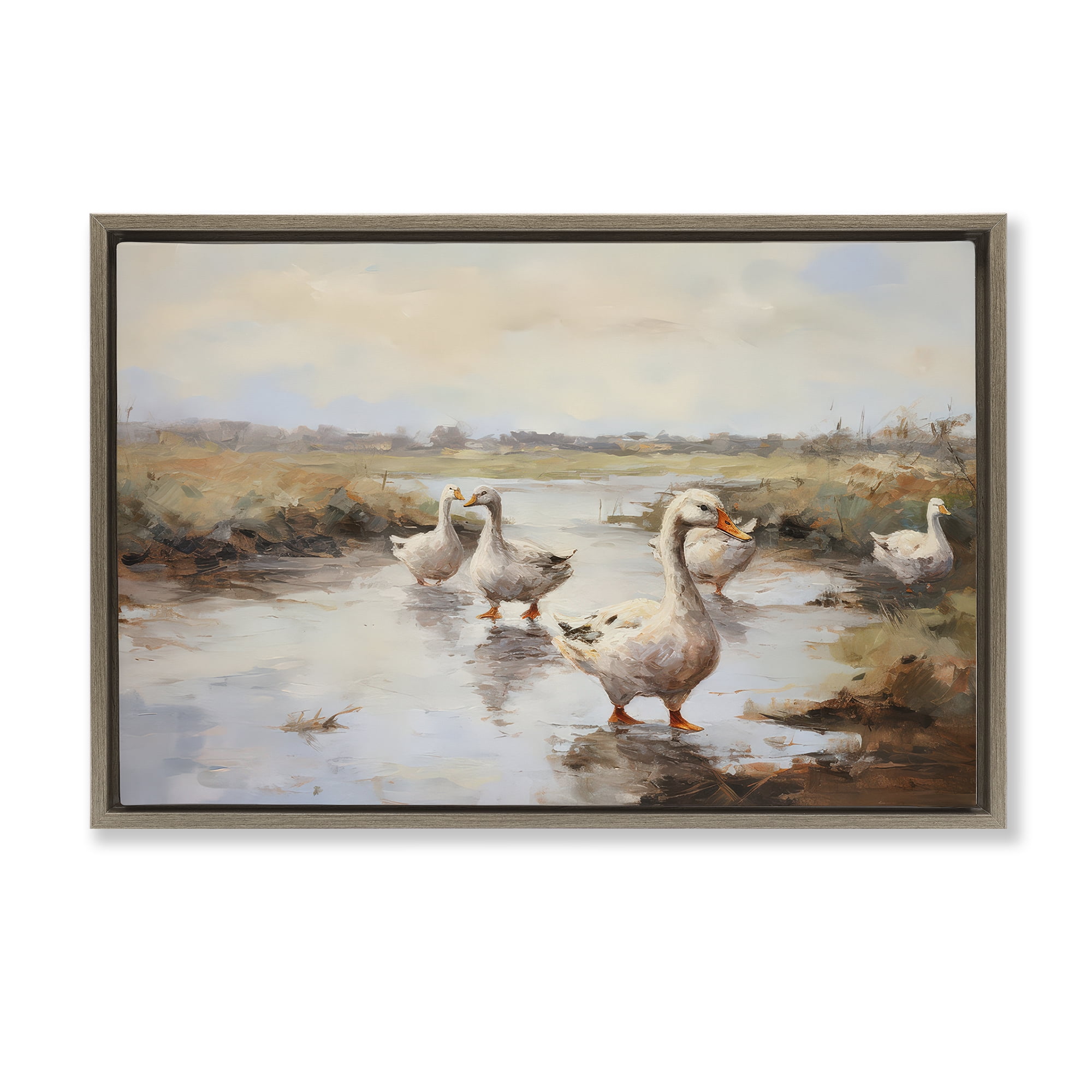 Stupell Industries Swan Family Traditional Pond Landscape & Nature Painting Brown Floater Framed Canvas Art Print Wall Art, 25 x 17