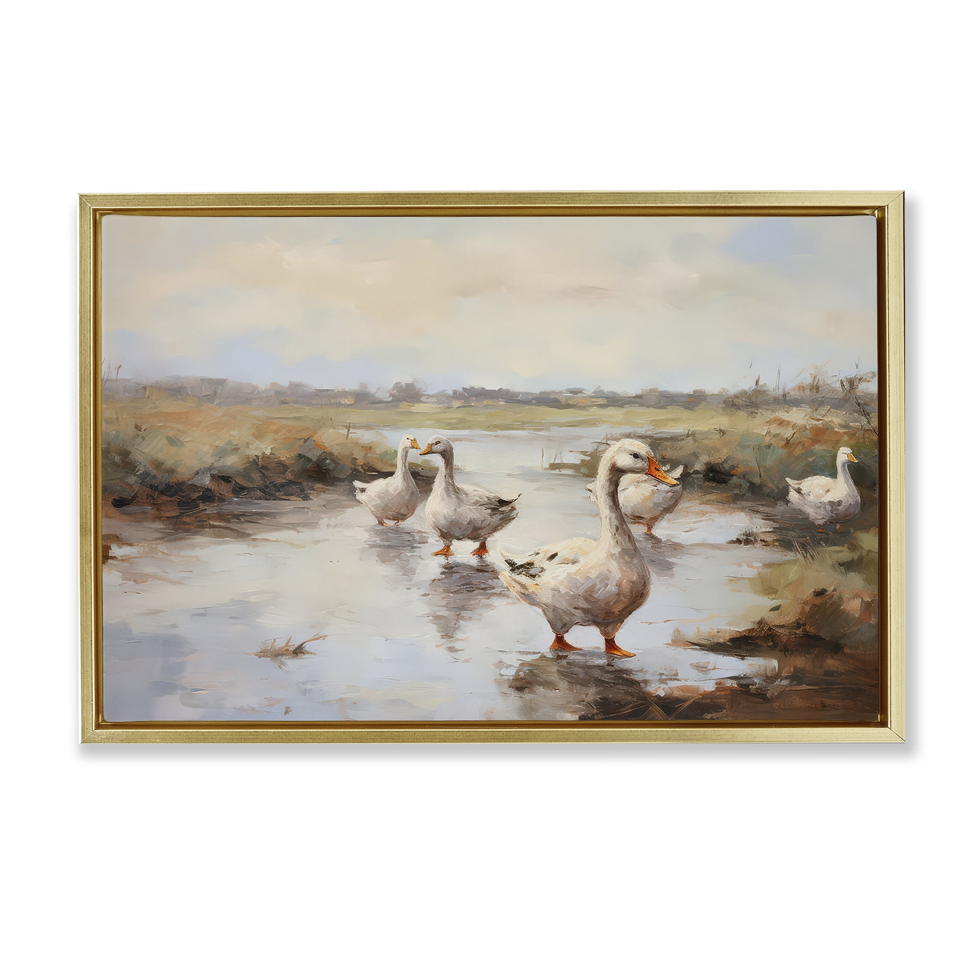 Stupell Industries Swan Family Traditional Pond Landscape & Nature Painting Gold Floater Framed Canvas Art Print Wall Art, 25 x 17