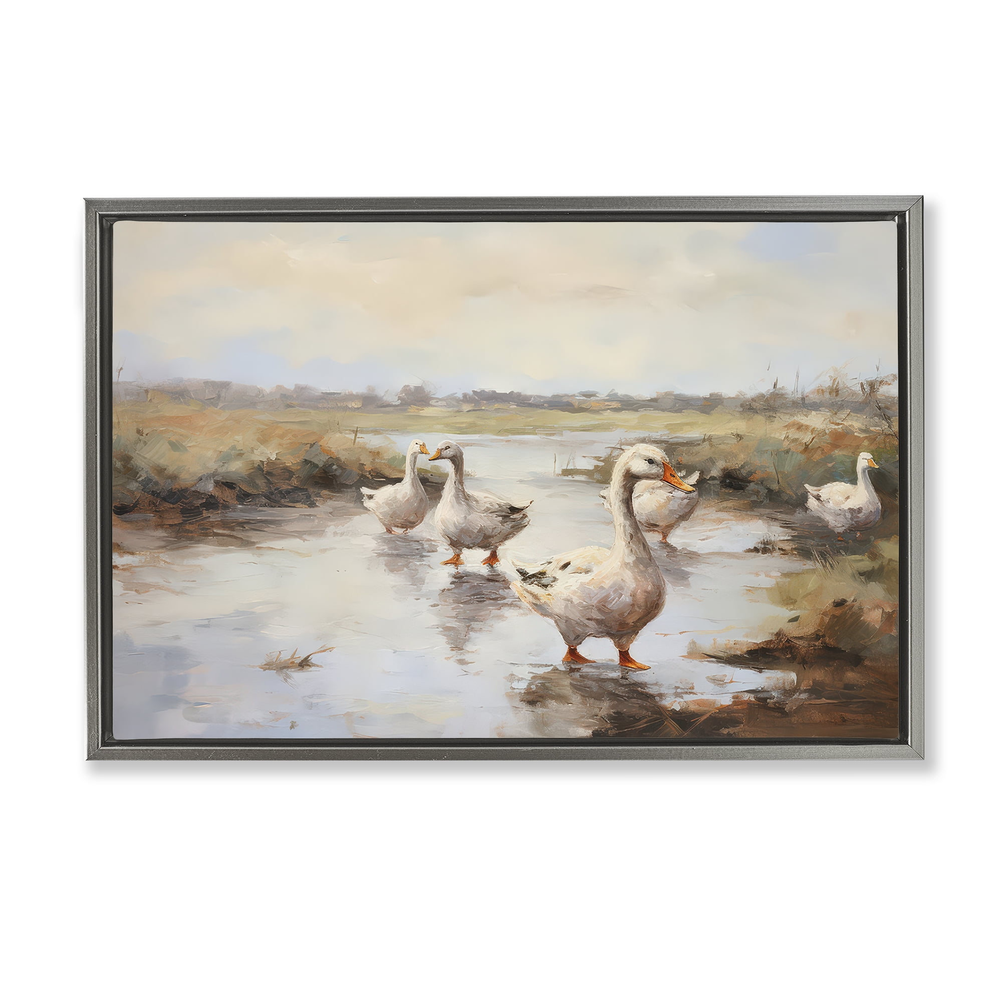 Stupell Industries Swan Family Traditional Pond Landscape & Nature Painting Gray Floater Framed Canvas Art Print Wall Art, 25 x 17