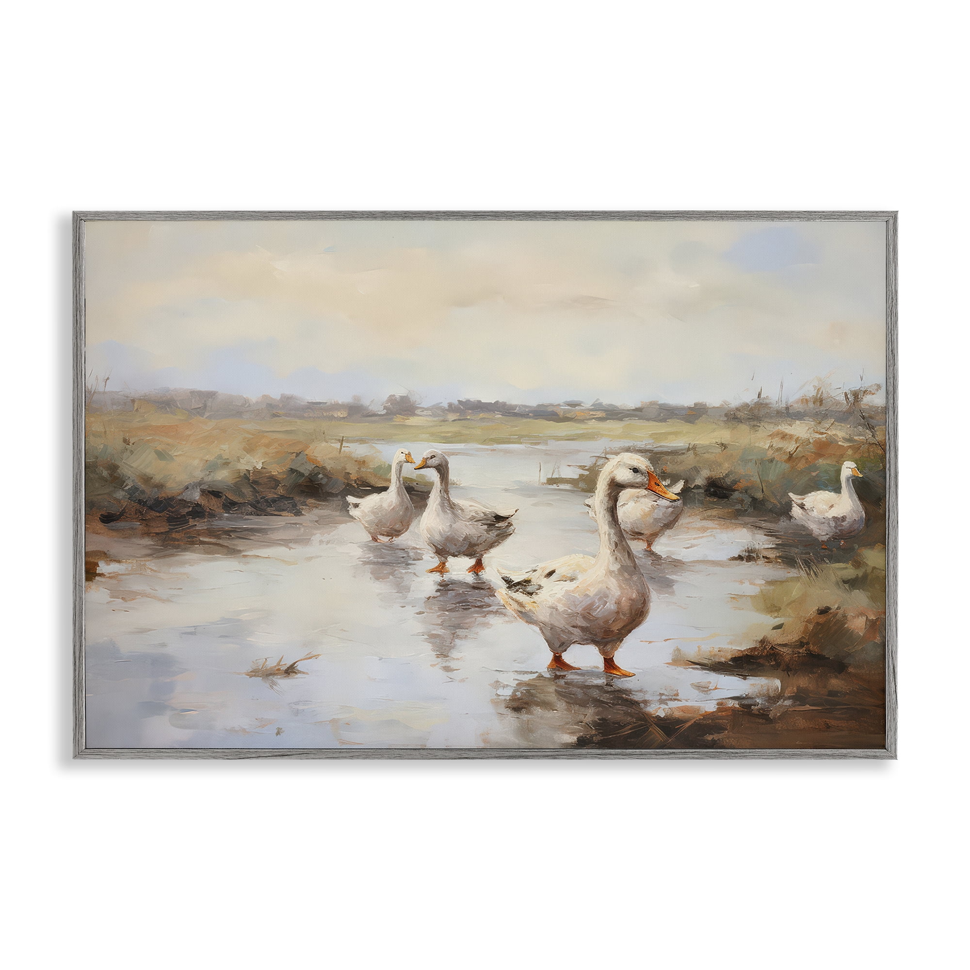 Stupell Industries Swan Family Traditional Pond Landscape & Nature Painting Gray Framed Art Print Wall Art, 18 x 12